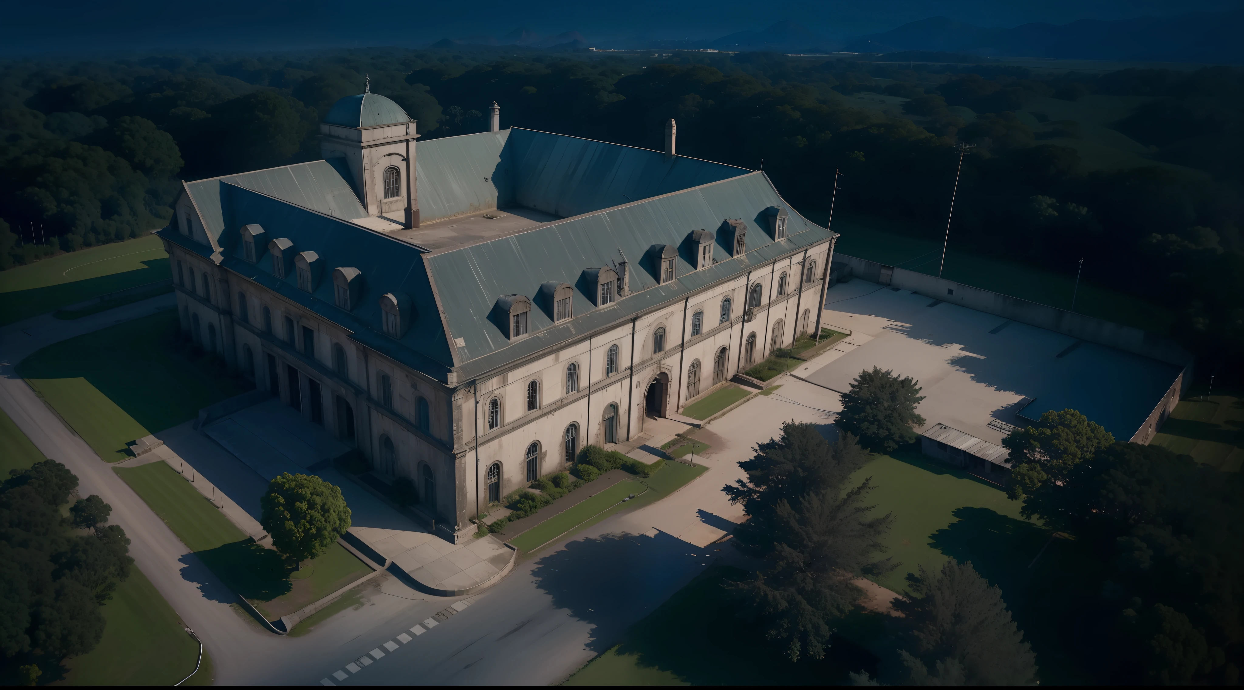 Hospital antigo e velho, noite escura e sufocante, estilo jogo de terror, estilo evil, Aerial view, 8k, maximum detailed, high quality