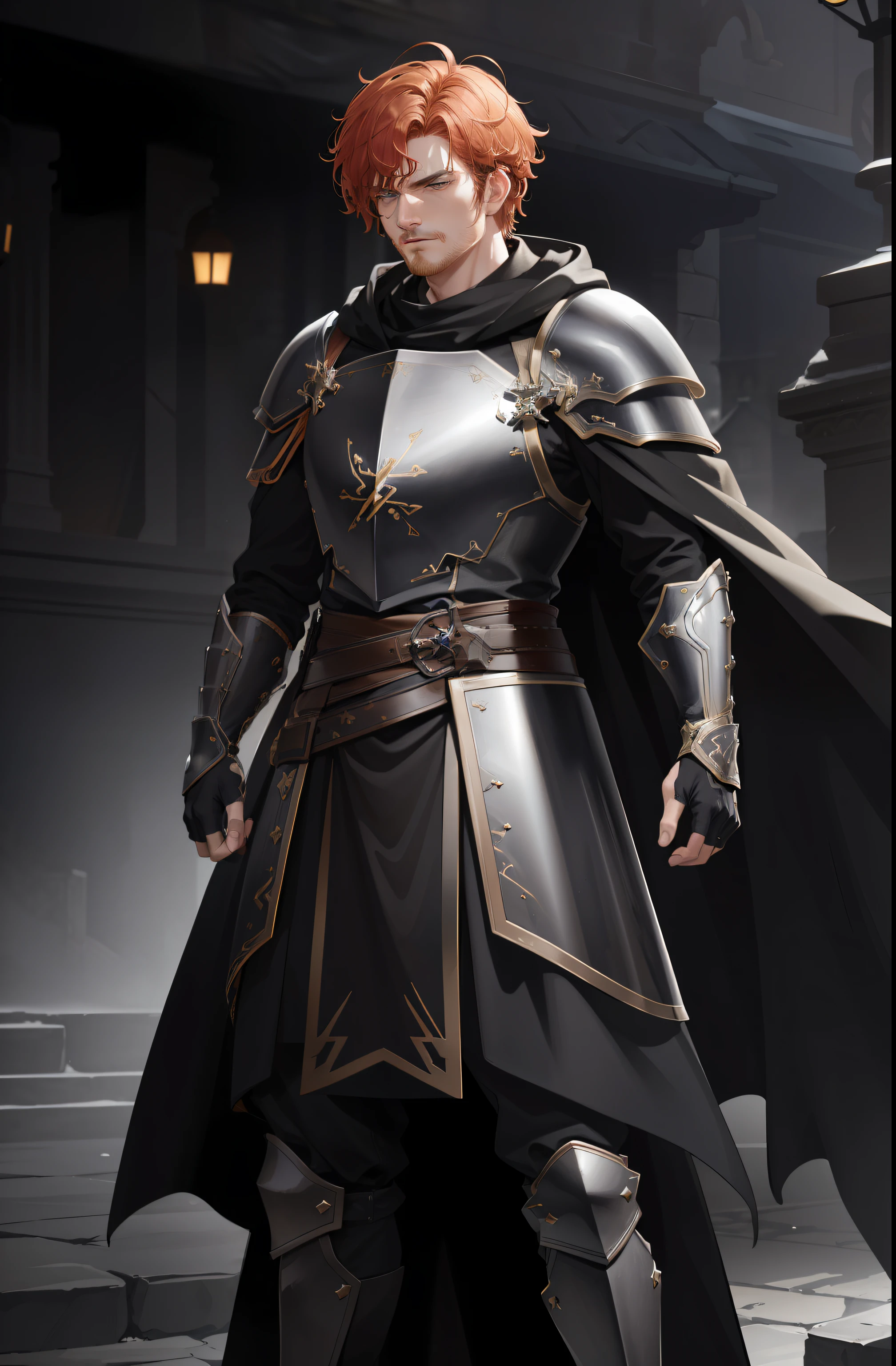 a man with short curly ginger hair, gorgeous, angry, wearing a full plate armor, black cape, cloak, dnd style, horror \(theme\),(skindentation:1.5), Realistic, Photorealistic, (masterpiece:1.5), concept art, intricate details, highly detailed, photorealistic, octane render, 8k, unreal engine, dynamic pose, best quality, highres, (realistic face:1.1), (hyperrealistic:1.1), ((full_body)), perfect eyes,(shiny skin:1.2), (((hairstyle))), (((perfect hands))), (extremely detailed background), ((dynamic background)), ((lightning)), (light rays), (((flowing cloak))), ((detailed eyes, high quality eyes, high quality face)), (extremely intricate armor, full plate armor), epic, battlefield, depth of field, bokeh, 4k, gothic, ember, particles
