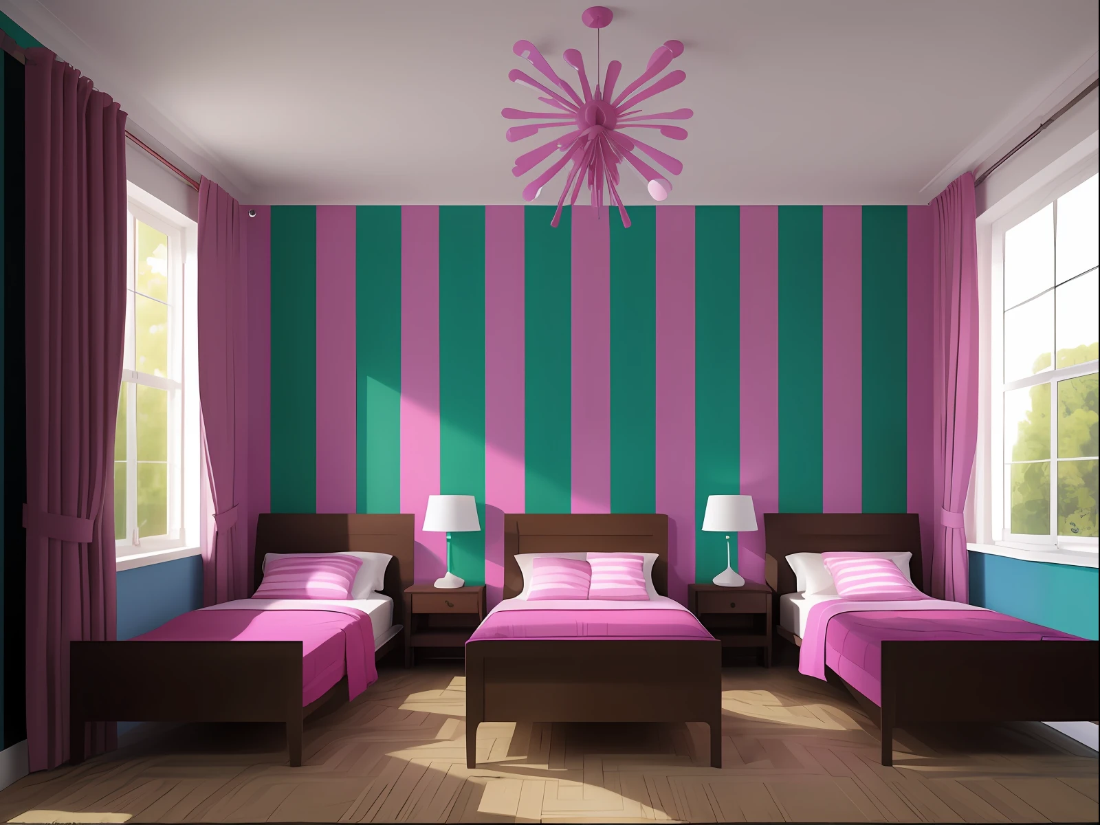 There are two beds in a room with pink and green walls, Quarto da , quarto fotorrealista, Quarto feminino, paredes coloridas ousadas, pink and triadic color scheme, Quarto luminoso, Renderizado em 3 dsmax, rosa e azul-marinho, quarto cor-de-rosa iluminado, esquema de cores em negrito, esquema de cores rosa, em uma casa estilo terra doce, Cores Complementares Arrojadas, teal e rosa