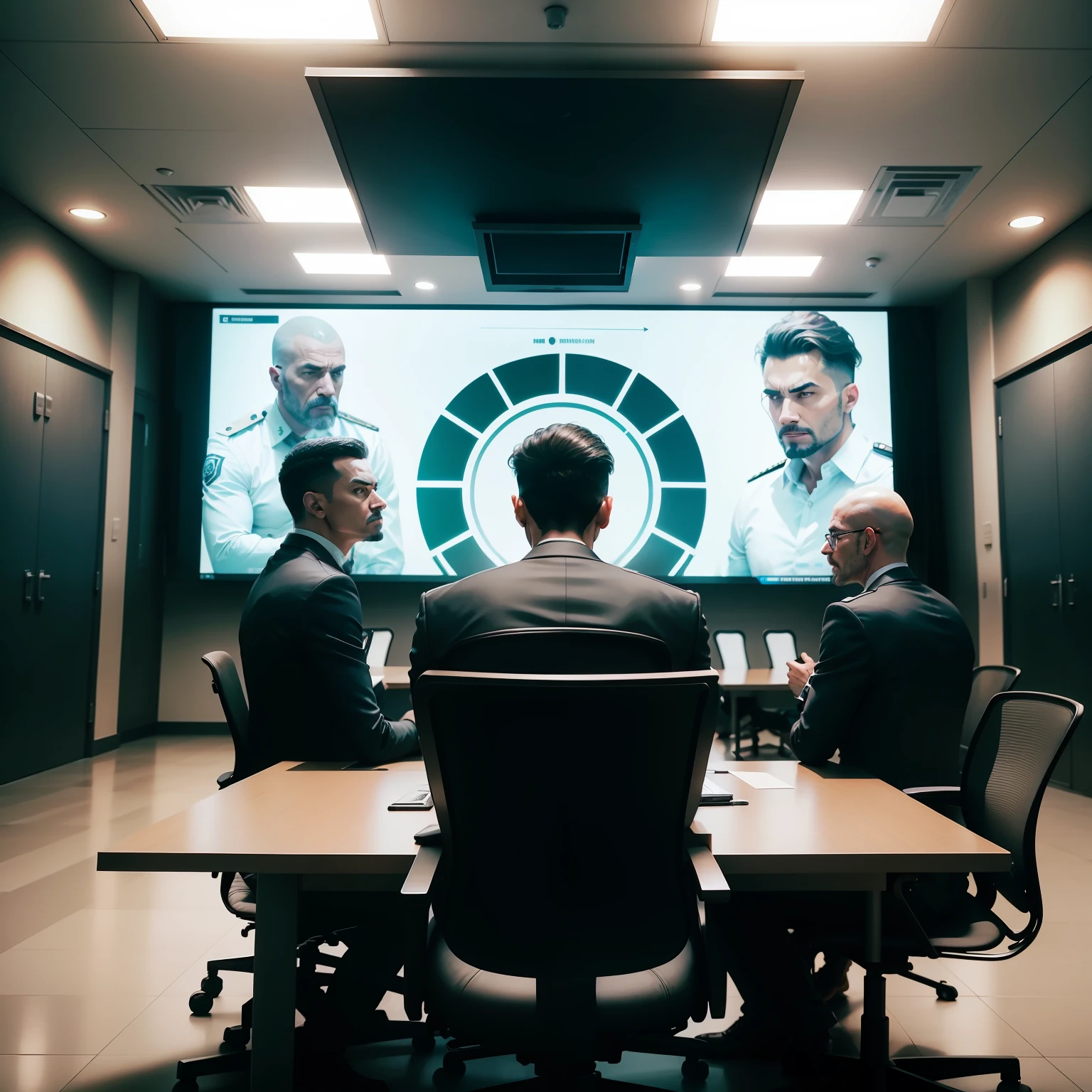Dystopian government, a conference room with several men sitting around a table with one of them pointing to a big screen and a guard