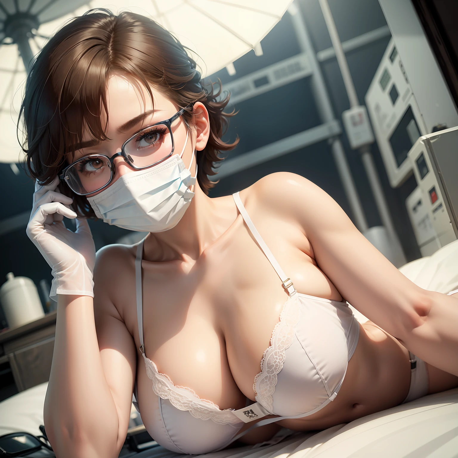 surgical mask、rubber glove、the Ferris wheel、White lingerie、Brown hair、short-cut、Russian woman、lying on one's side、eye glasses