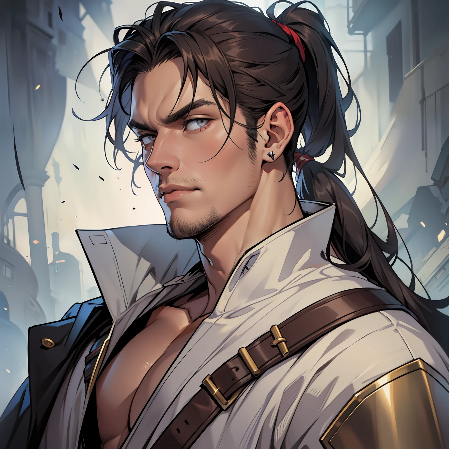 Handsome male, is tall and imposing. He has long, dark hair bound up in a ponytail. He typically wears a robe or cloak that conceals most of his body. When he does not conceal himself, has a powerful physical presence, with broad shoulders and a muscular frame. His face is handsome and youthful for a being that is so ancient, with sharp features and piercing, intelligent gray eyes. Despite his appearance, is not a kind soul.