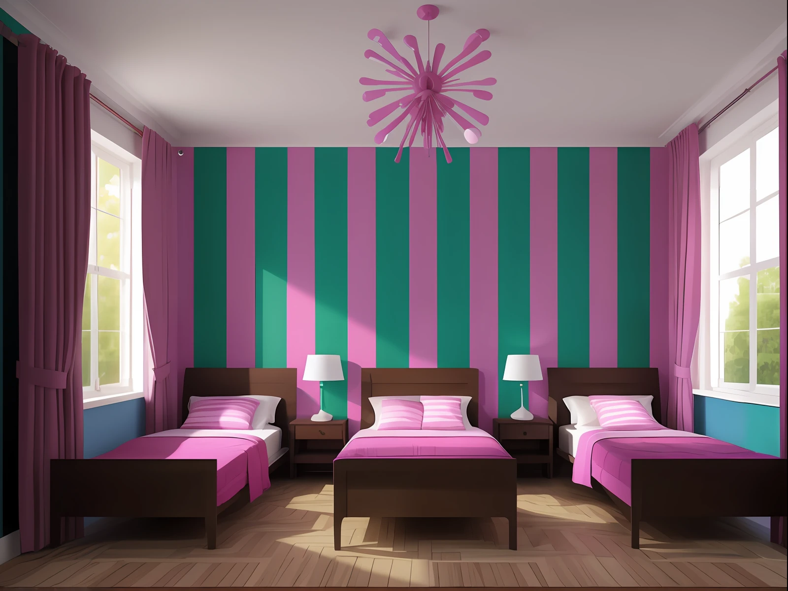 There are two beds in a room with pink and green walls, Quarto da ******, quarto fotorrealista, Quarto feminino, paredes coloridas ousadas, pink and triadic color scheme, Quarto luminoso, Renderizado em 3 dsmax, rosa e azul-marinho, quarto cor-de-rosa iluminado, esquema de cores em negrito, esquema de cores rosa, em uma casa estilo terra doce, Cores Complementares Arrojadas, teal e rosa