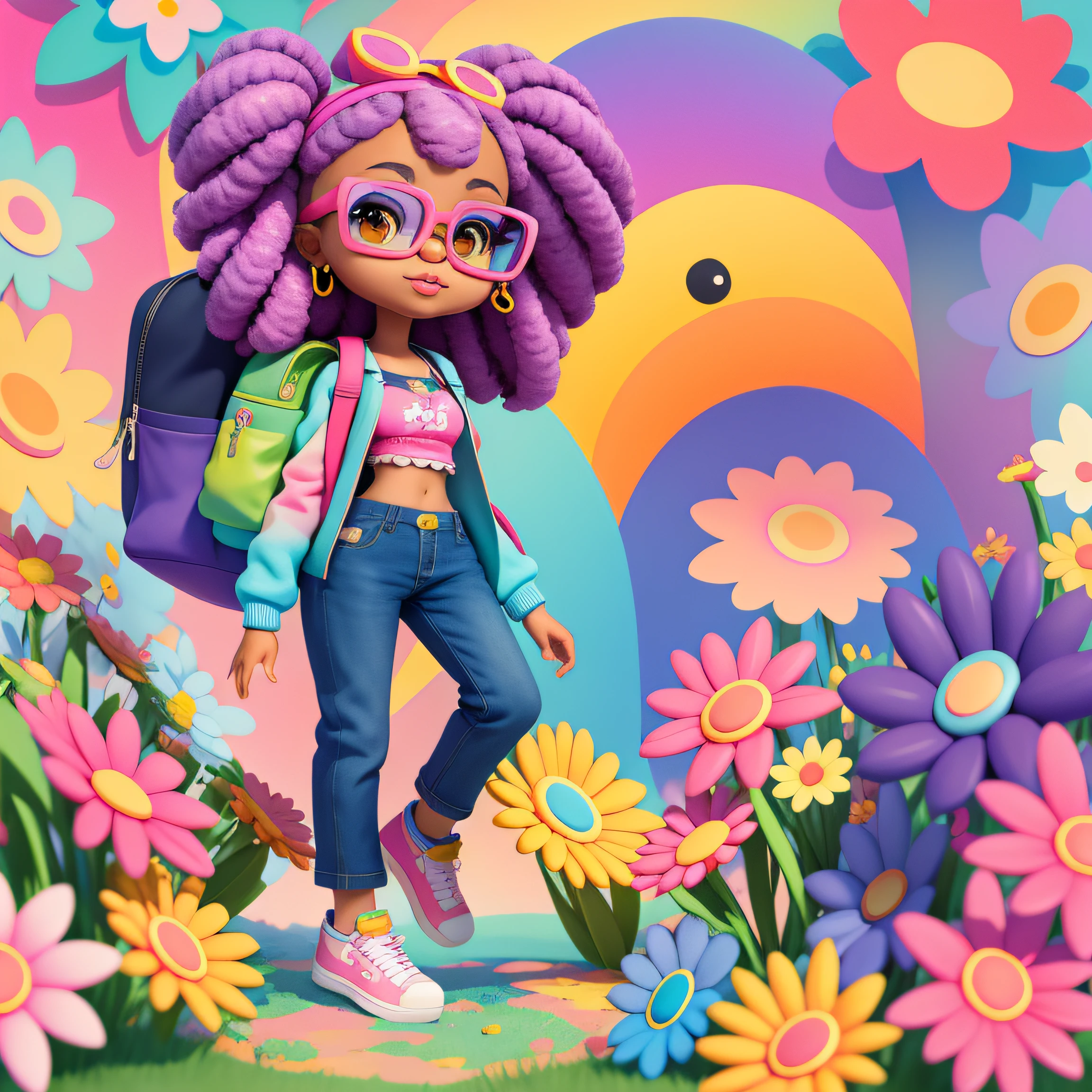 a cartoon girl with glasses, african american girl, african american elegant girl, purple backpack, long pants, lots of bubbles, flowers, super cute funky black girl, cute detailed digital art, portrait of a lisa frank, cute digital art, cartoon artstyle, cartoon art style, colorfull illustration, advanced digital chibi art, cartoon style illustration, adorable digital painting, cute art style, lisa frank style, cute cartoon character, colorful flowers