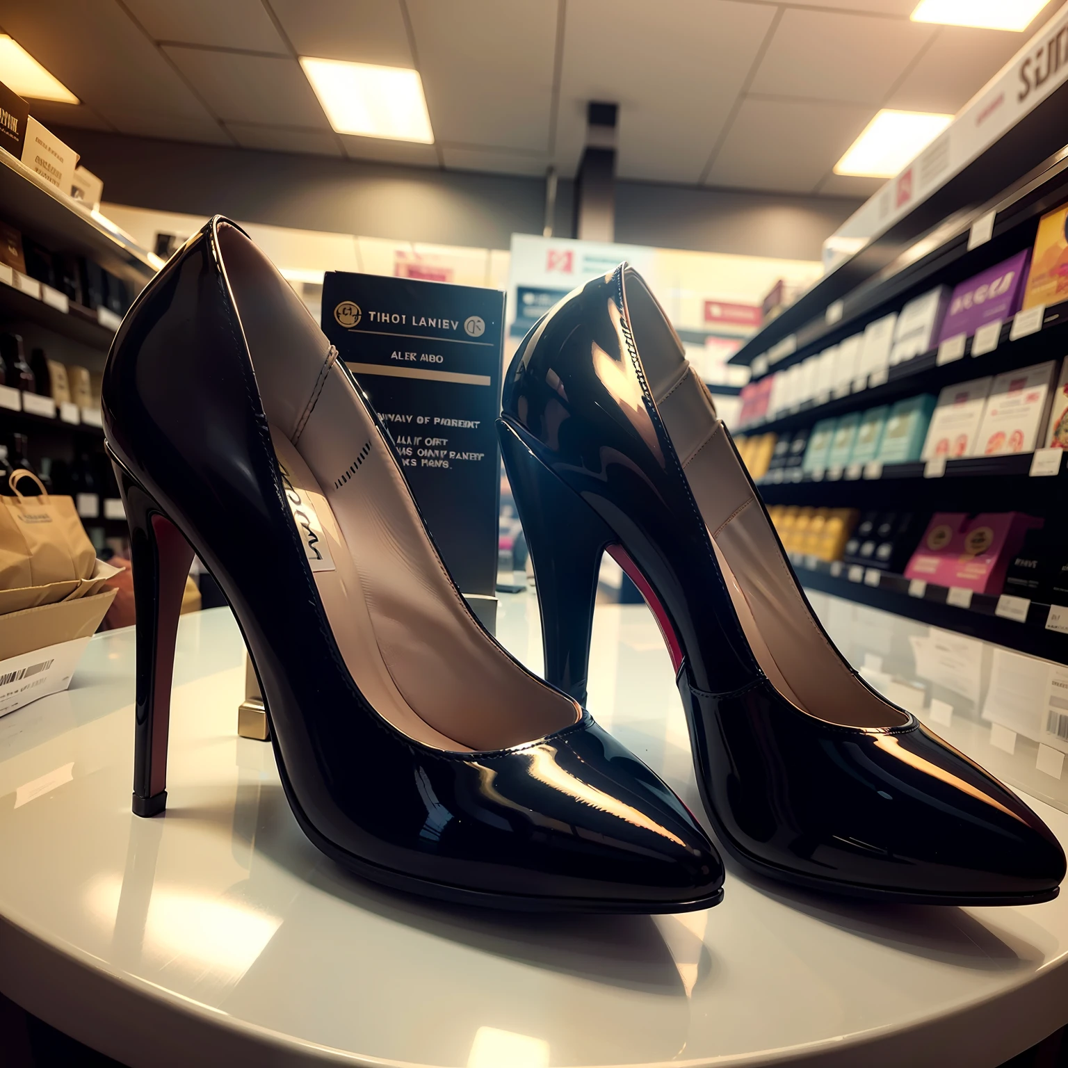A pair of black patent leather pumps on a department store counter shelf,Features