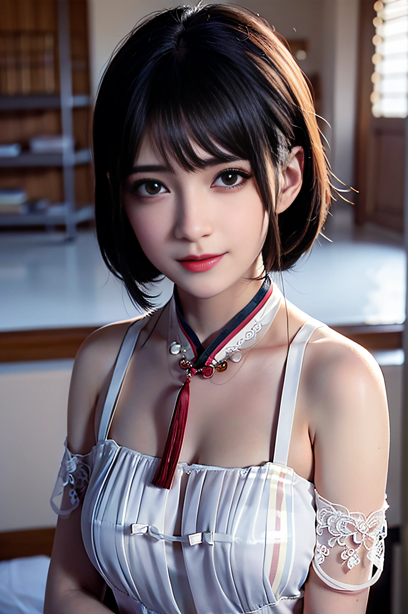 Cinematic lighting rendering，8K HD quality，Camera film texture，Shallow depth of field background blur，Realistic facial skin film photography, 1 female teacher with white-framed glasses, holding books,Beautiful oriental beauty，Gentle and virtuous(( Vertical striped cheongsam)), Seductive smile, A half body, drunk blush:1.5, Wavy shoulder-length hair, serene, calm, (Realistic detailed eyes, Natural skin texture, Realistic face details), Soft dramatic lighting, Depth of field, Bokeh, vibrant detail, finely detailed, Hyperrealistic