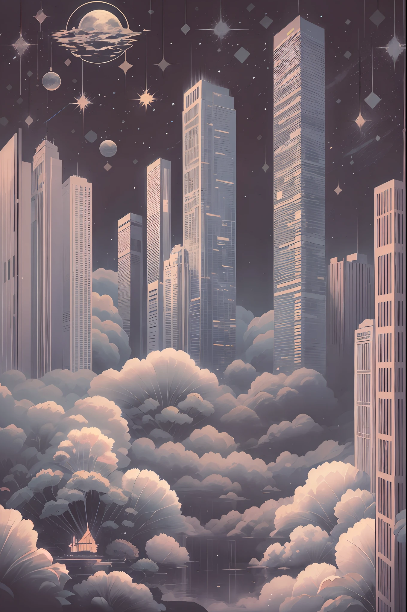 in style of logo design ,in style of optical illusion ,City on the Clouds，lotuses，starrysky，the night，Genesis