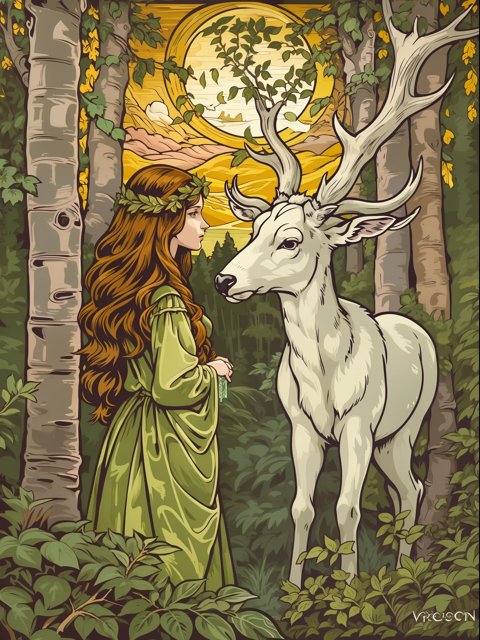 "(((Pre-Raphaelite and Renaissance painting))) , tmasterpiece, hiquality, Extremely detailed, a painting, depicting a Celtic girl and a white deer in a birch forest. Celtic landscape, Sunset, Druids." ((Flat vector drawing))