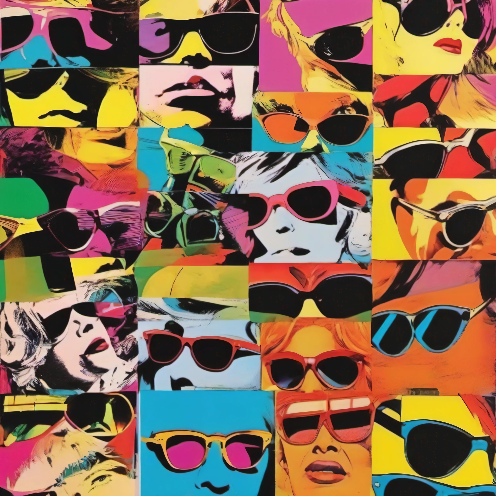 Andy Warhol, cabelos despenteados, sun glasses, Estilo Retrato, cores vividas e popart estilo