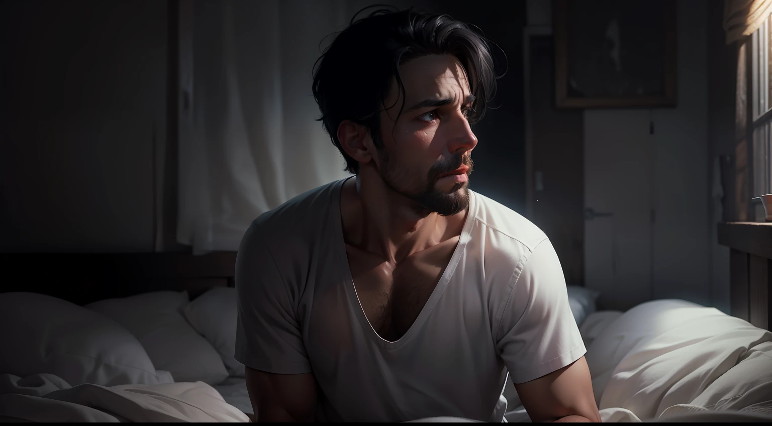 ultra realistic, 8k, image of a 37-year-old man, short black hair, sitting on a bed in a dark room in a farmhouse, dressed in a white t-shirt and black shorts, scared, forehead with beads of sweat, night , dark environment