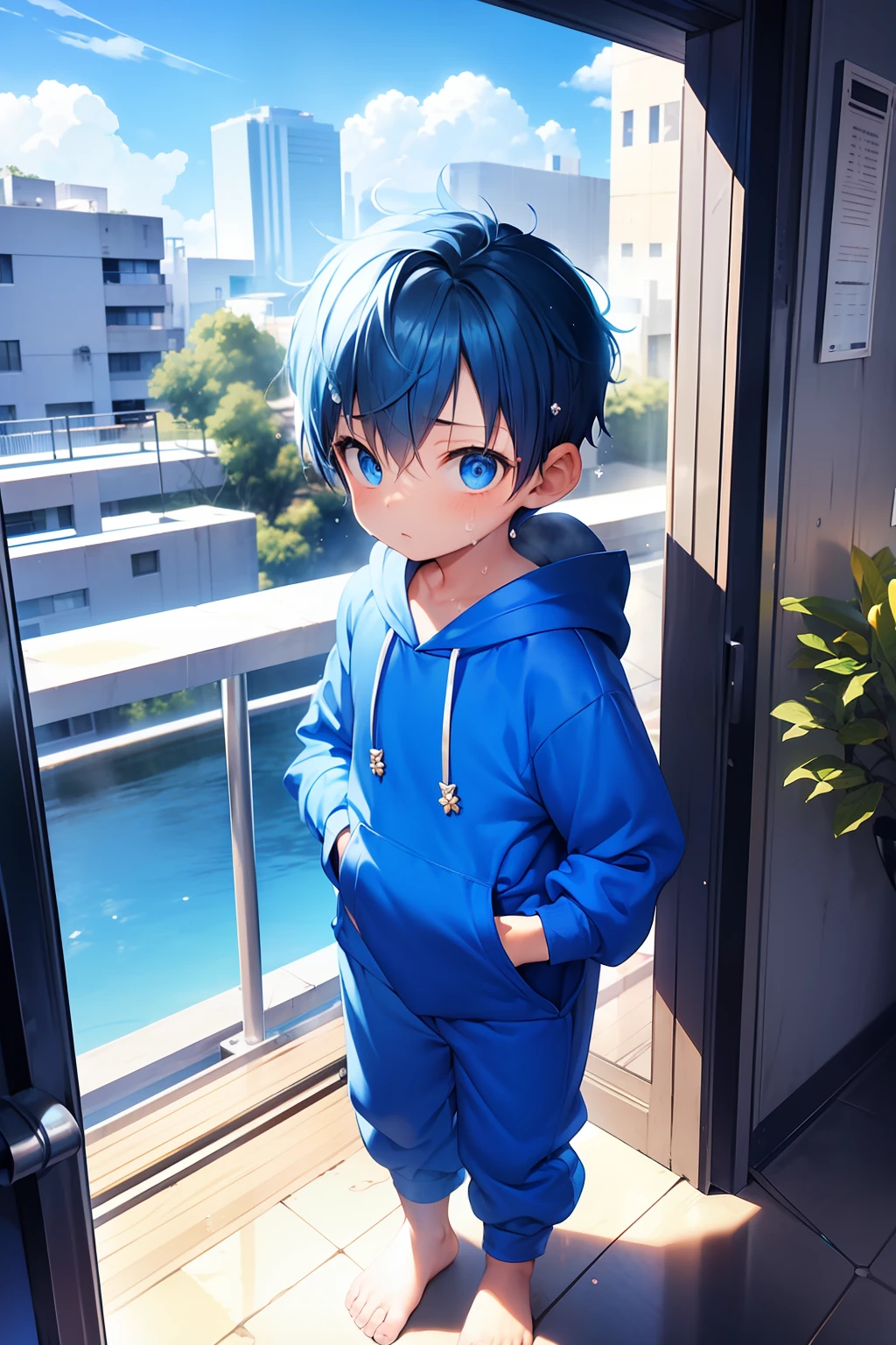 1  boy with blue hair and shiny bright blue eyes and barefoot and small feet wearing a yellow oversized hoodie and sweatpants sitting on a window ledge, blushing, young, boy, child,l, toddler, ti feet, (sweatpants:1.4), (young:1.4), (child:1.4), (shota:1.4), (hoodie:1.4),