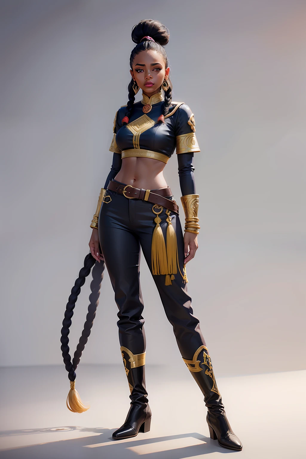 Realistic, young woman, mulher afrodescendente, pele negra, cabelos pretos, fino, cabelos longos, plaits, fantasia, armadura de prata, lilac clothes, Botas, Pants, corpo inteiro, fundo branco
