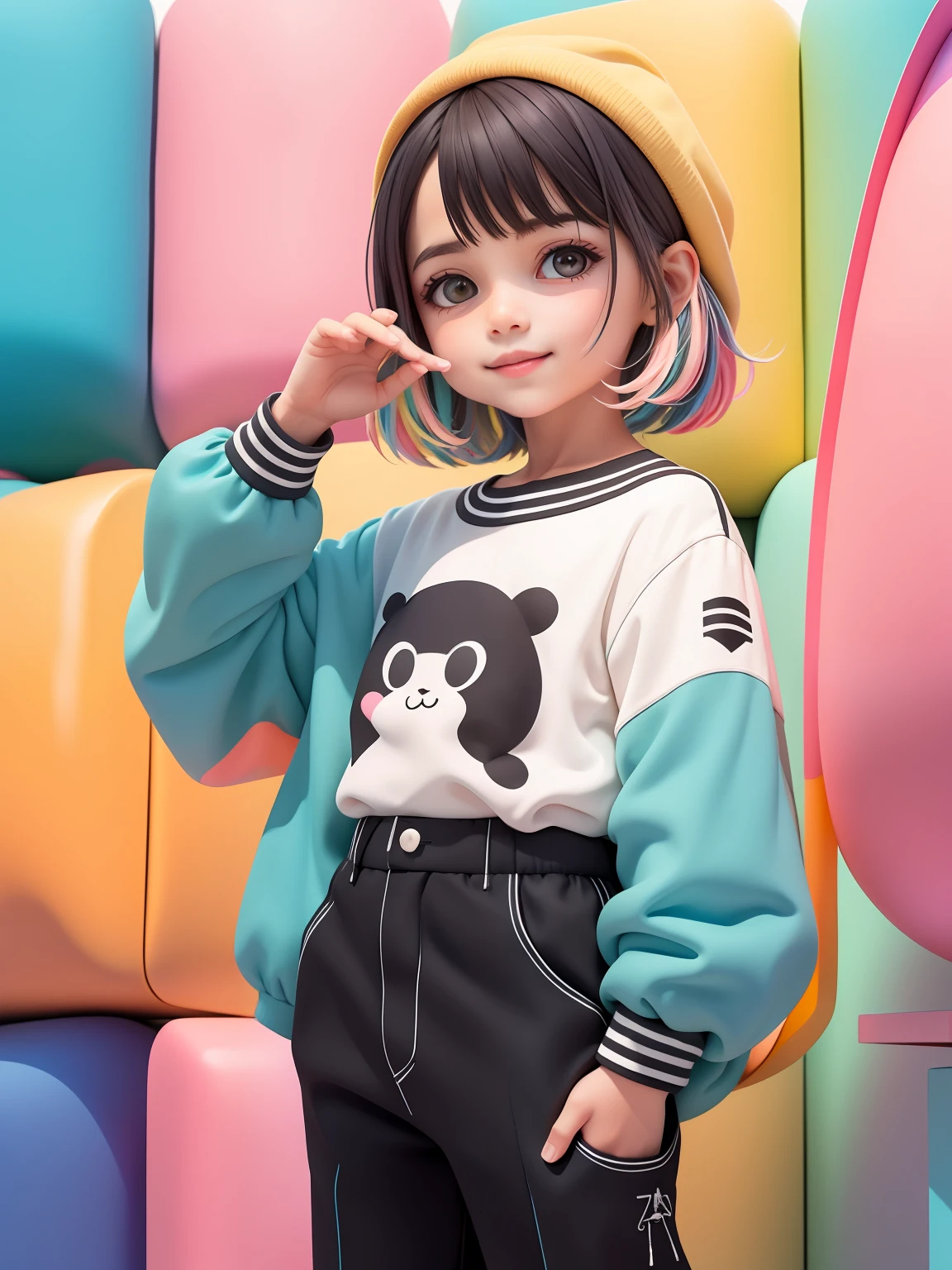 (obra-prima), (melhor qualidade), (ultra-detalhado), (corpo inteiro: 1.2) cute menino boy, touca, moletom preto, pants, jaqueta, blouse, sorriso claro, corpo inteiro, :3, cabelo multicolor, enrolado, encaracolado, crespo moderno, Modern accessories, fundo tom pastel , colorido e simples.