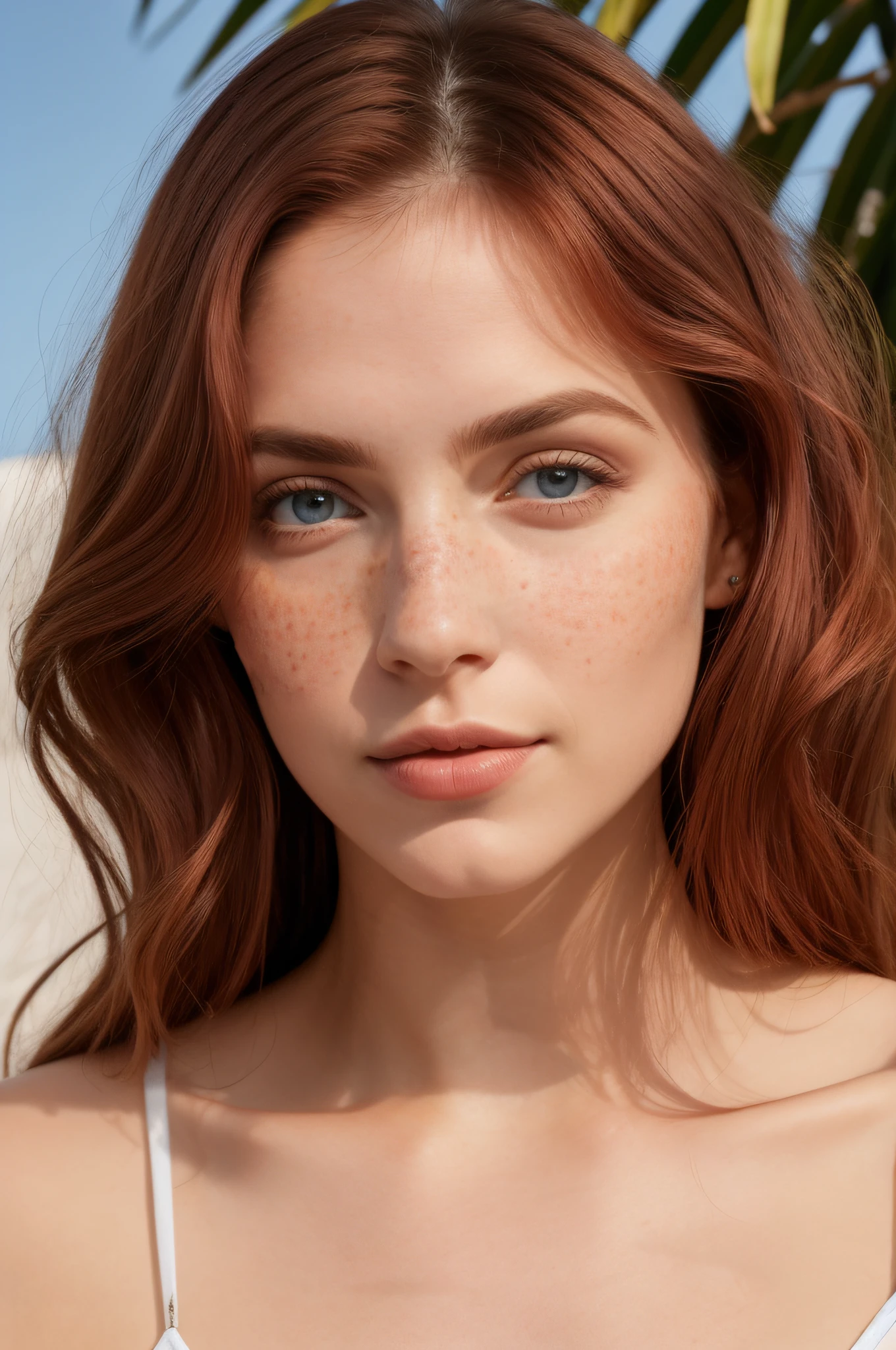 mulher de cabelo avermelhado longo solto comprido, sardas(0.36) beijadas pelo sol, ,Lips parted and flushed and reddish, cabelos vermelho fogo, Blue Eyes Penetrating Lumen Illumination , sardas vivas aparente bochecha corada e luz do sol no rosto , sardas beijadas pelo sol, sardas no rosto, freckles visible, (rosto com sarda sardas claras:0.3)
