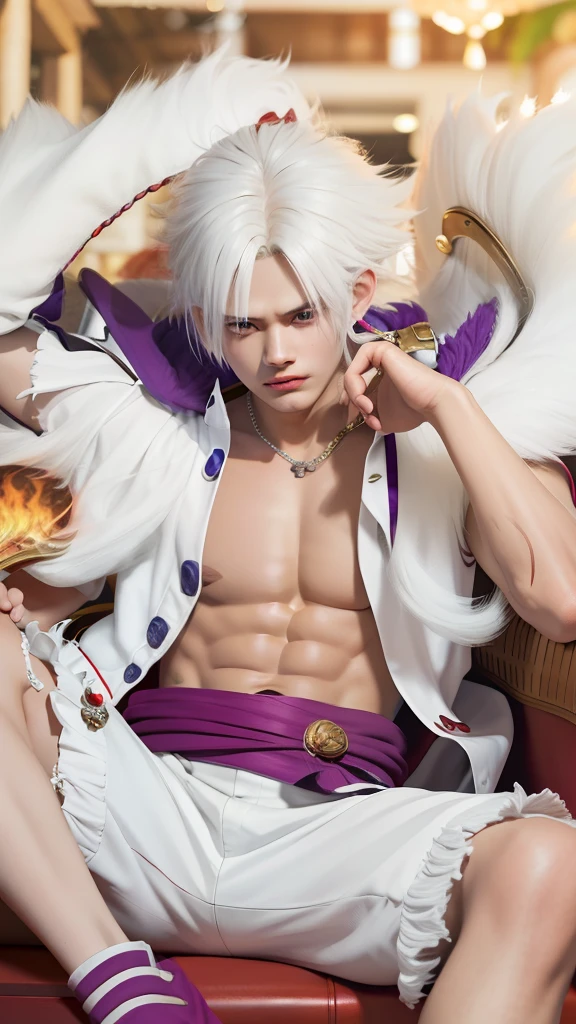 Best quality, ultra high resolution, ultra-detailed,realistic,18 years old,boy,8k,Luffy,one piece,White flame hair,Luffy gear 5,fix hair,