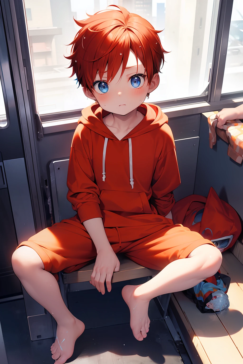 1 Little boy with red hair and shiny bright blue eyes and barefoot and small feet wearing a yellow oversized hoodie and sweatpants sitting on a window ledge, blushing, young, boy, child, small, toddler, tiny feet, (sweatpants:1.4), (young:1.4), (child:1.4), (shota:1.4), (hoodie:1.4),