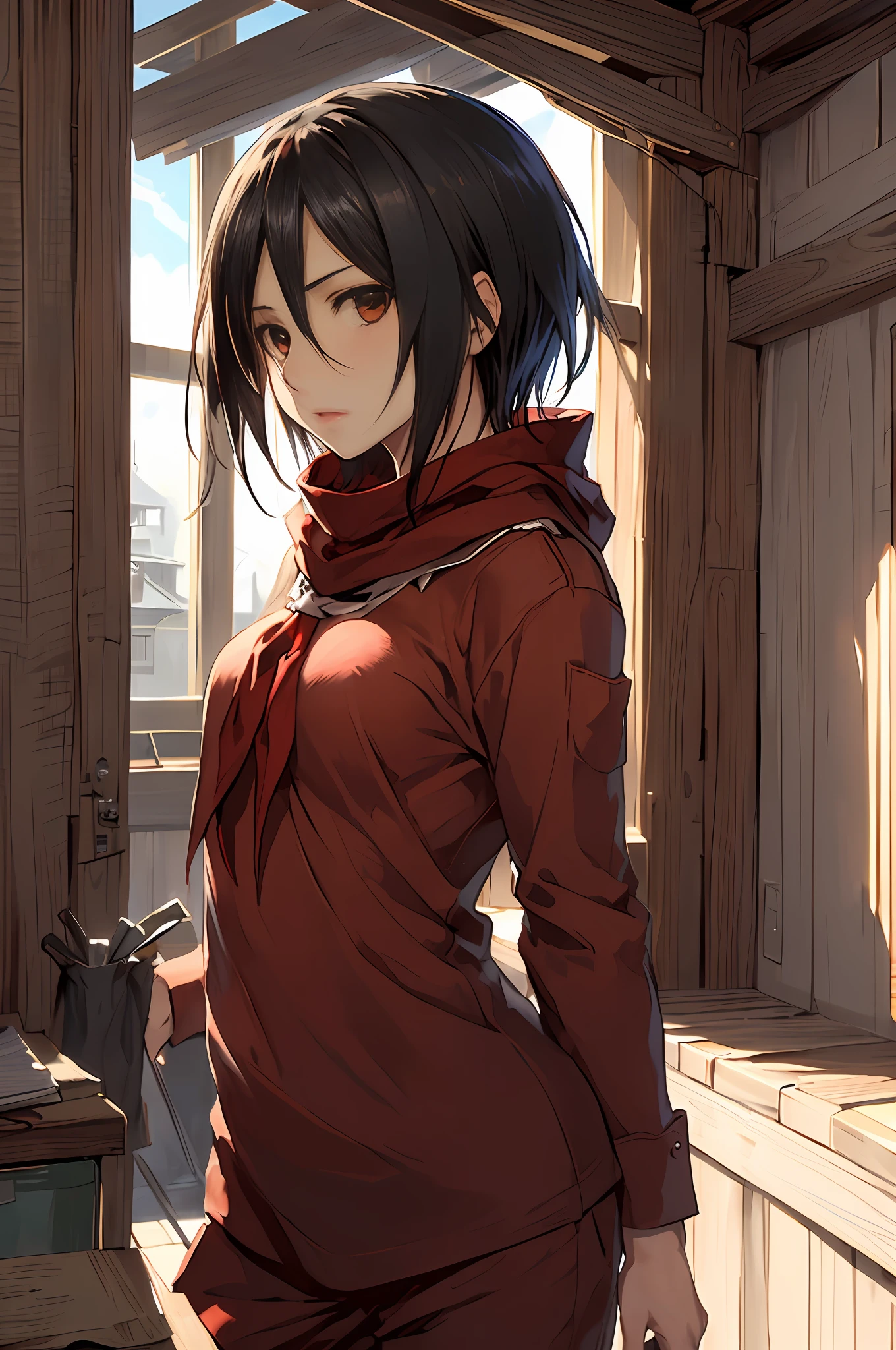 "Calidad excepcional, Arte anime de Mikasa Ackerman en pijama. Mirada seria, postura sexy. gloomy sky, red neckerchief. Gpo."