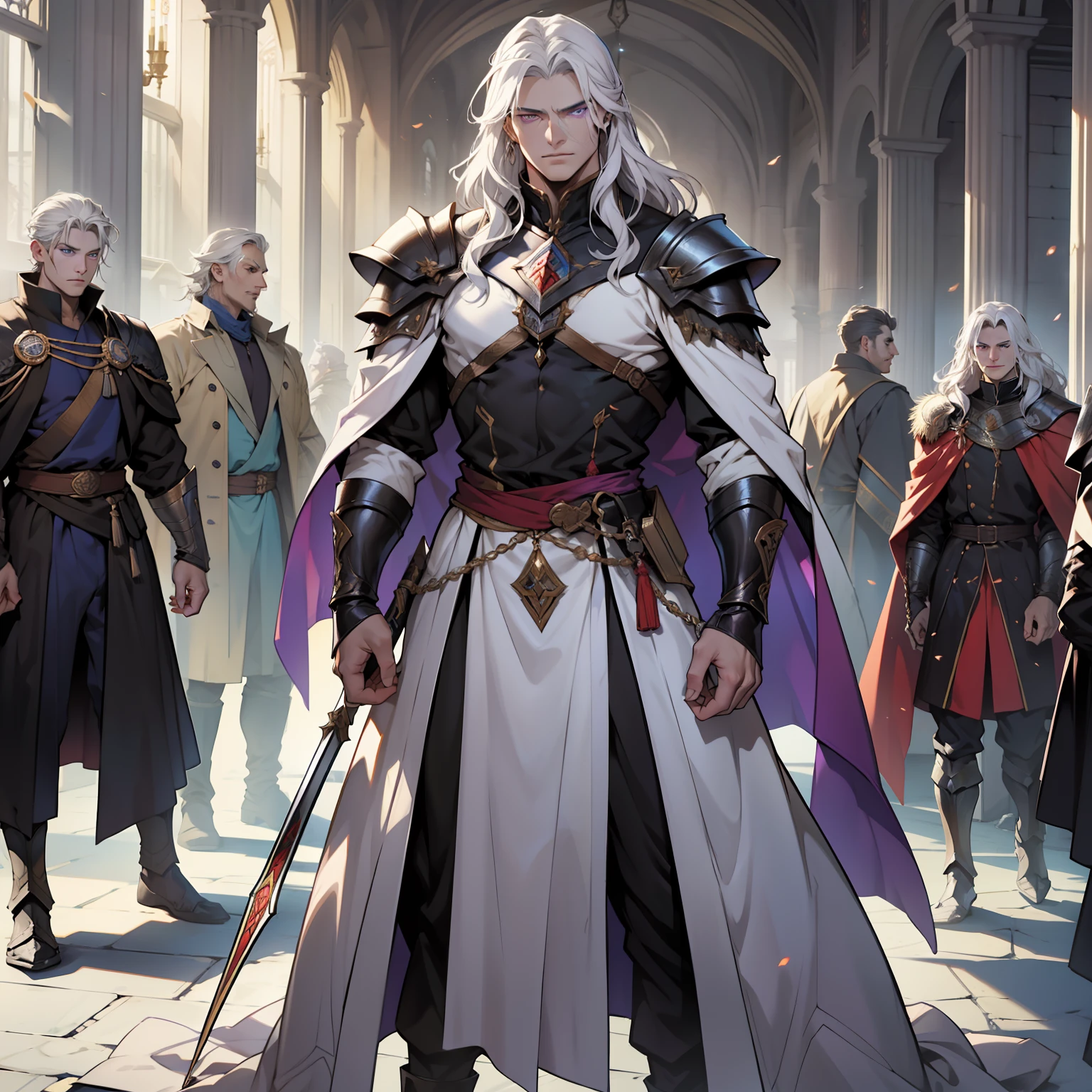 Melkor is much taller than the average human. He is around the same height as myself - and we are both fairly tall. He has shoulder length white hair, just like mine, and piercing purple eyes with sharp silver pupils. He is strong and looks every bit the warrior prince he is. His demeanor is proud and regal, he carries himself with a sense of superiority that cannot be rivaled.