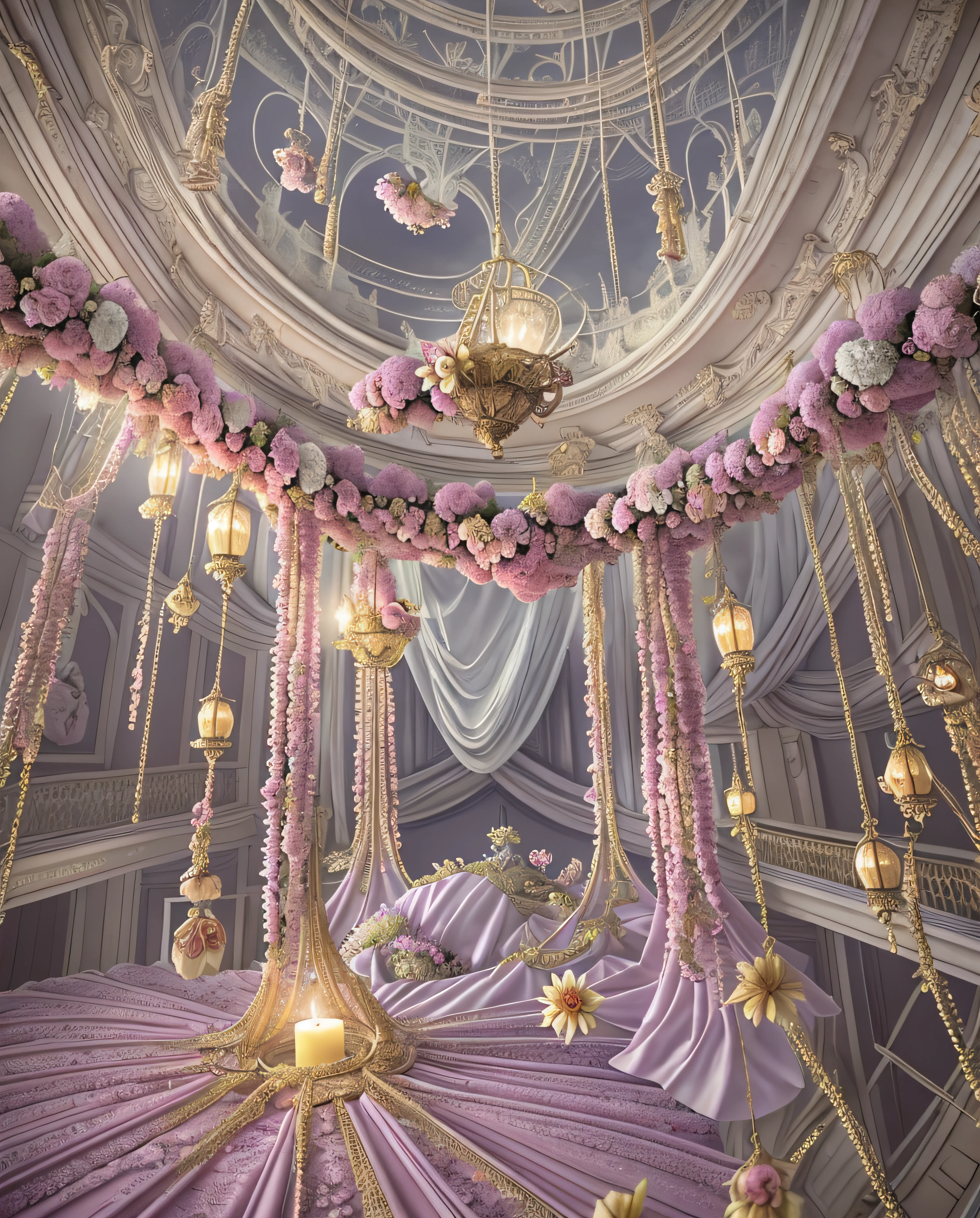 Close-up of a room with lots of flowers on the ceiling, fantastic atmosphere and drama, Fantastic aesthetics, dreamy and detailed, very magical and dreamy, atmospheric beautiful details, Neo-Rococo Expressionist style, Ethereal fairy tales, dreamy atmosphere, fantasy aesthetics! , fantastical scenes, fairy tale aesthetics, Fantastic ethereal atmosphere, Incredibly ethereal, beautiful aesthetic, ethereal and dreamy themes, Magnificent Rococo style, hilo rosa, encaje, tierra de flores, Calidad de luz azul, 8k, 5d4