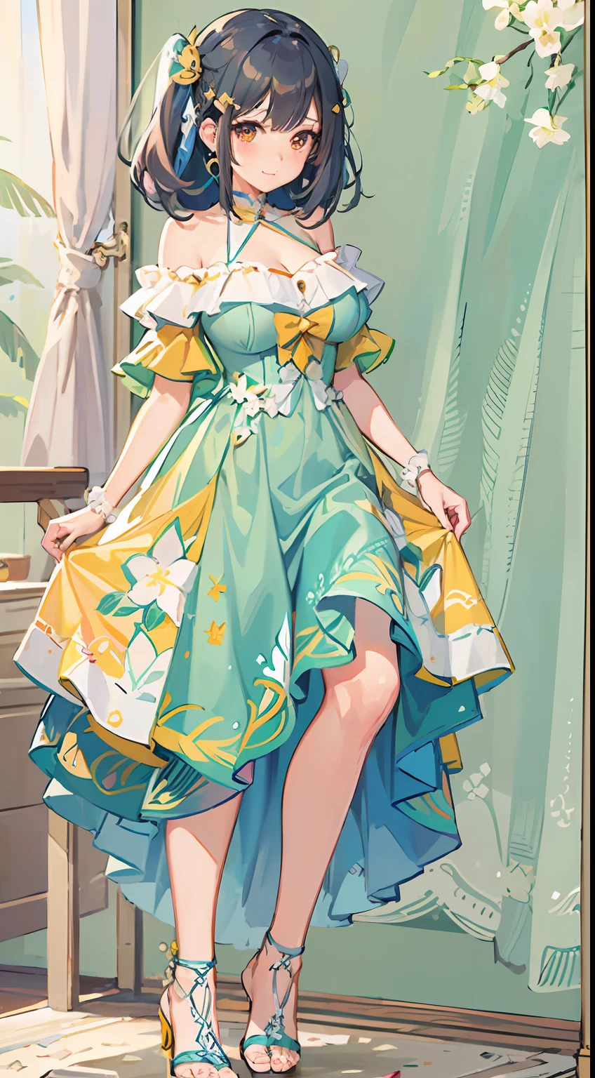 ((Best Quality)), (Ultra-detailed), ((Extremely detailed)), (Beautiful), ((Kawaii Girl)),(Bangs parted in the middle),High Gradient Bob、navy hair、,Orange Eyes,Large breasts、Off shoulder dress、sandal、Full body standing,1 woman,At the resort、looking in camera,