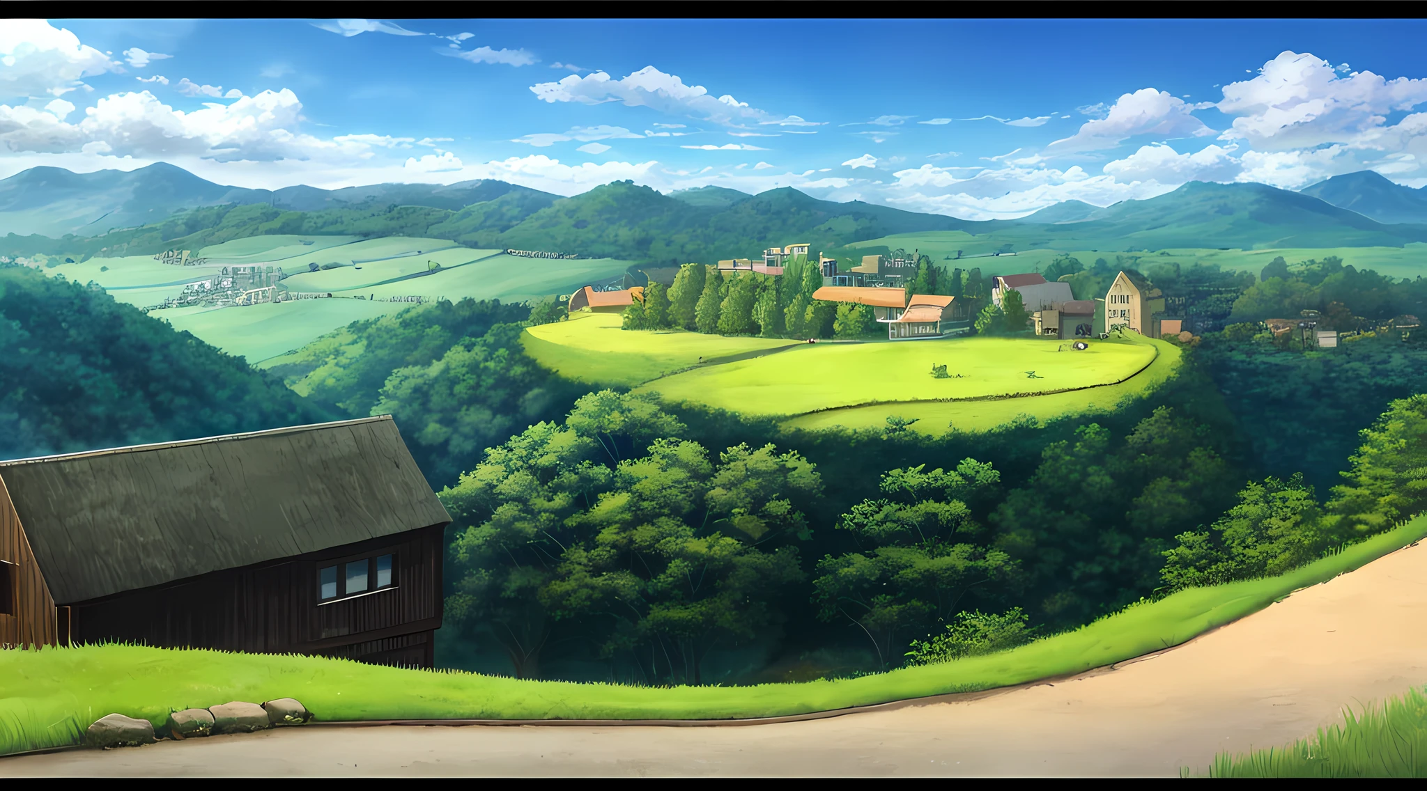 landscape, forest, village, well, sky, clouds