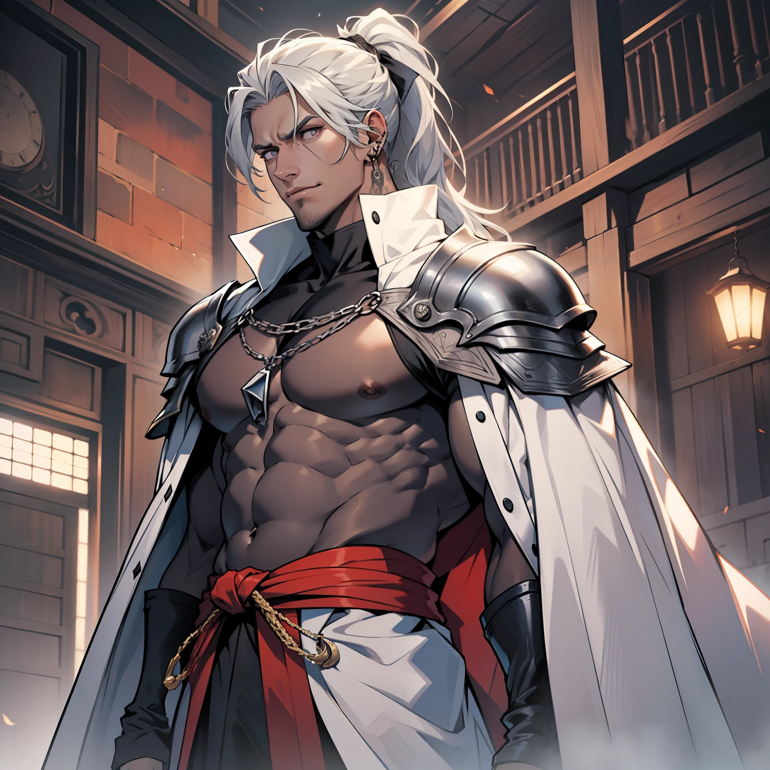 Handsome male, is tall and imposing. He has long, silver hair bound up in a ponytail. He typically wears a robe or cloak that conceals most of his body. When he does not conceal himself, has a powerful physical presence, with broad shoulders and a muscular frame. His face is handsome and youthful for a being that is so ancient, with sharp features and piercing, intelligent gray eyes. Despite his appearance, is not a kind soul.