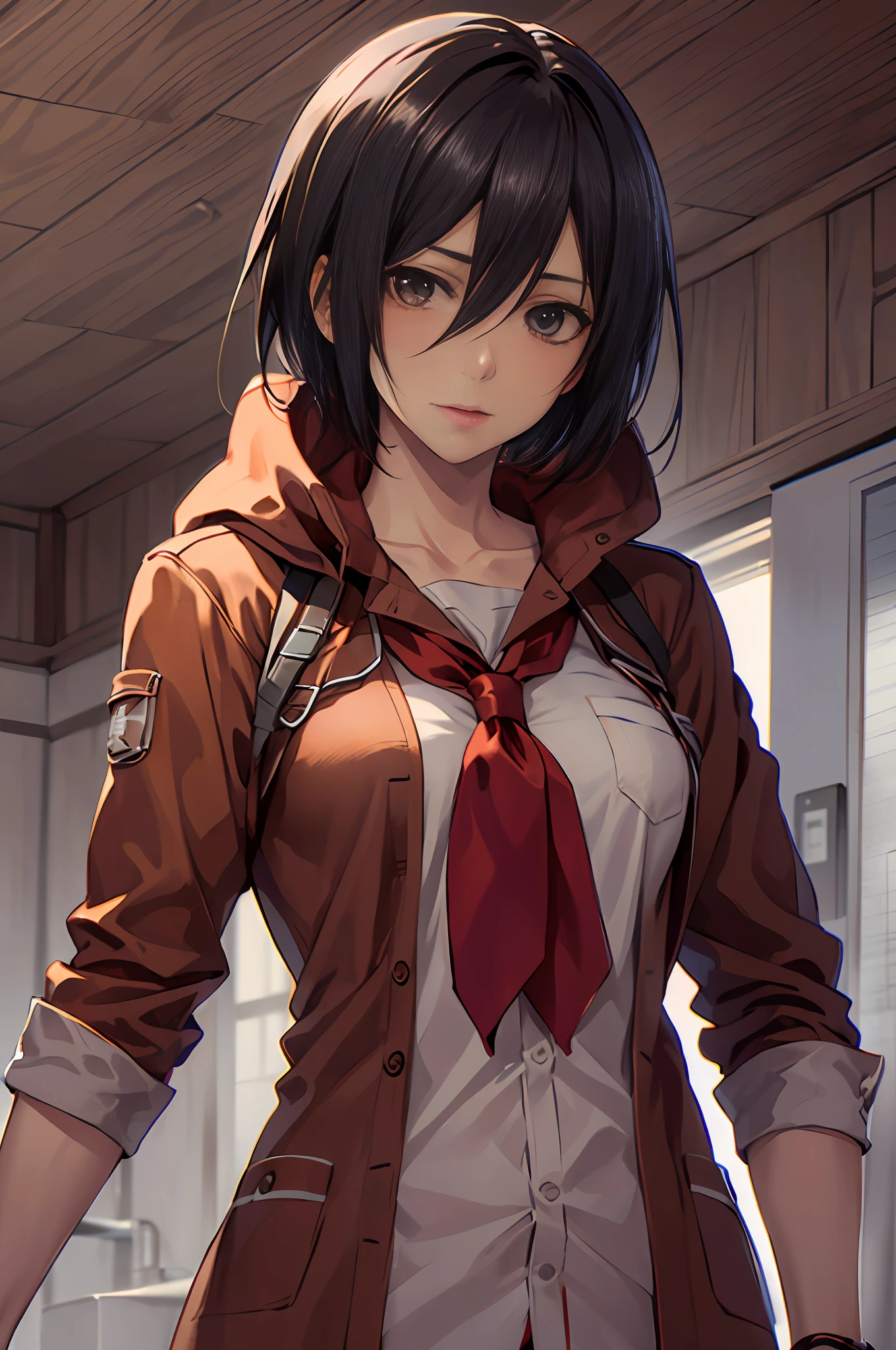 "calidad excepcional, Arte anime de Mikasa Ackerman en pijama. look would be, Postura sexy. red neckerchief. Gpo."