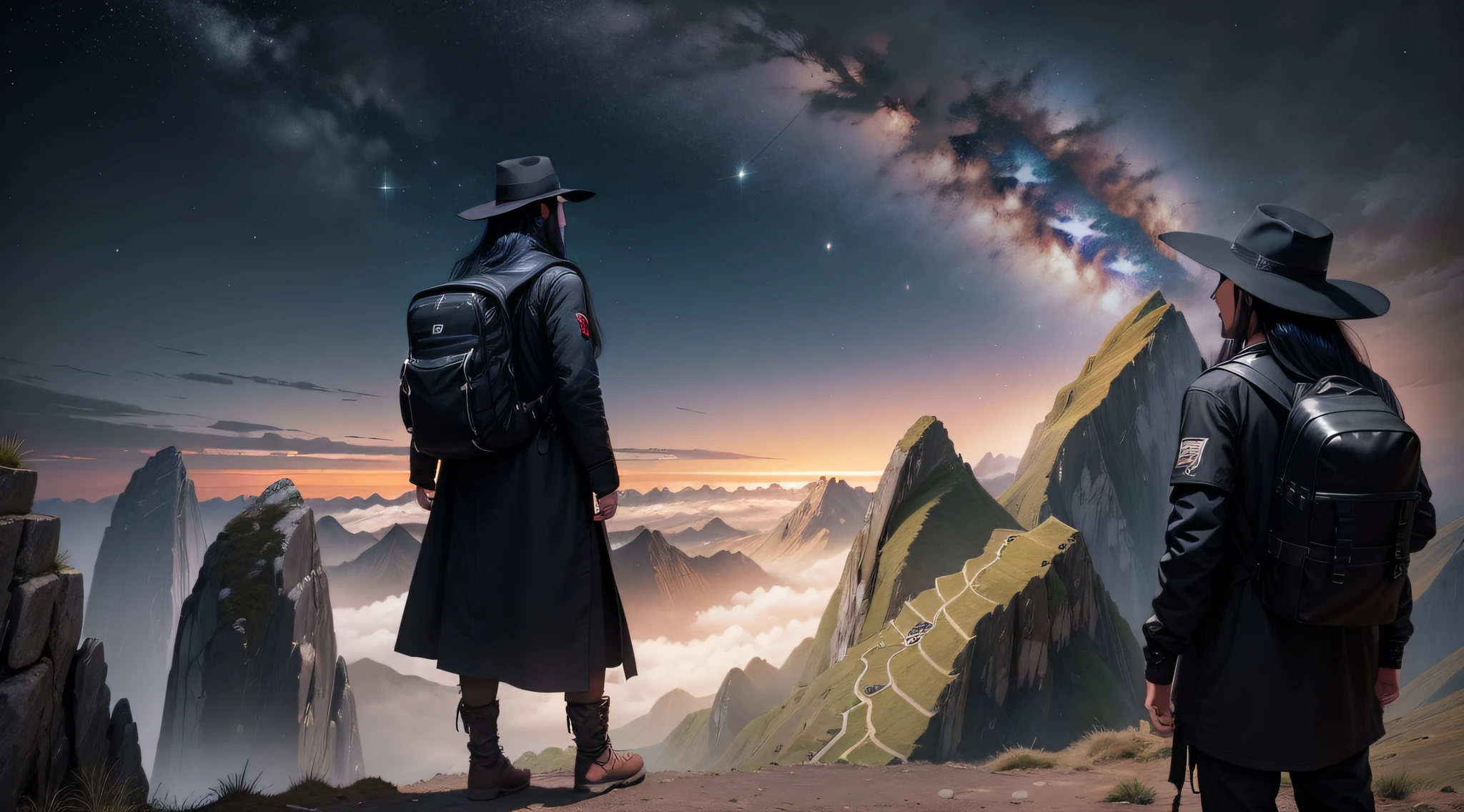One male wanderer, long black hair, black hat, black clothes, have pants, show his back and entire body from feet to head, keep a little distance to see the landscapes, have a backpack, he is looking to horizon, in mountains of Peru along the inca trail, must have stars in the sky, almost nighttime, realistic, high res, best quality