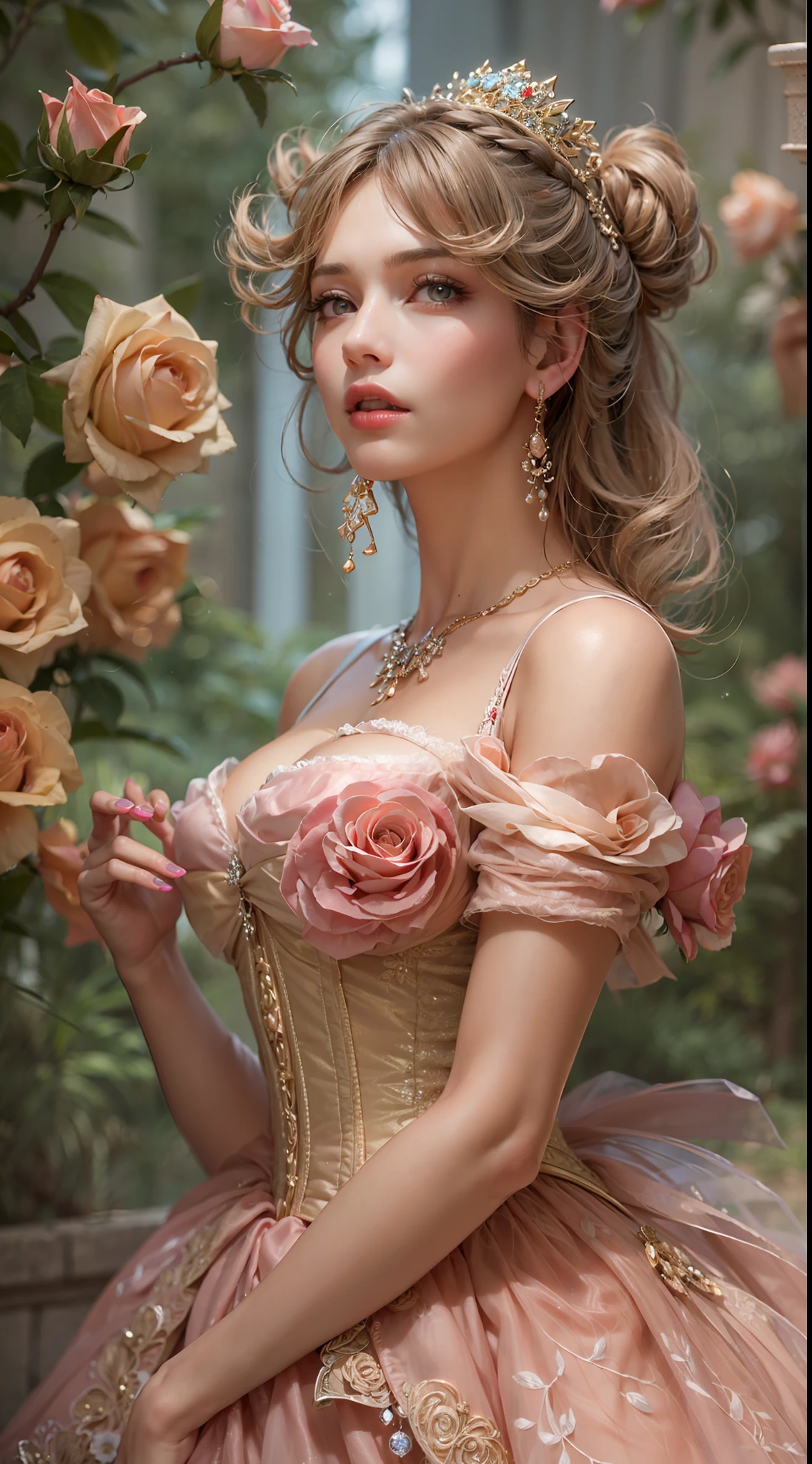 This is realistic fantasy artwork set in the an enchanted pastel bubblegum and rose garden. Generate a proud woman with a highly detailed face dressed in the billowing folds of a stunning French silk ballgown. The woman's sweet face is ((((highly detailed, with realistic features and soft, puffy lips.)))) The ballgown is embellished with ruffles, sashes, and bows and a delicately, but intricately, hand-embroidered bodice. The corset features silk ribbon. The woman's stunning eyes are beautifully detailed, featuring realistic shading and multiple colors and high resolution. The woman is in a garden of eternal roses, each one beautifully formed and highly detailed. These realistic roses feature shimmering shades of pink, yellow, orange, and glimmering red. The eternal rose is a deep shade of red with shimmering pink overtones and undertones. Ensure that the woman's face, hair, and eyes are perfect. Important: include interesting details like stars, bubbles, ((and glitter)). realism, high fantasy, whimsical fantasy, storybook fantasy, fairytale fantasy, fantasy details, enchanting, bewitching, 8k, hires, cgi, digital painting, unity, unreal engine, (((masterpiece))), intricate, elegant, highly detailed, majestic, digital photography, art by artgerm and ruan jia and greg rutkowski, (masterpiece, finely detailed beautiful eyes: 1.2), hdr, realistic skin texture, (((1woman))), (((solo))), Include a highly detailed face, extremely detailed face, and interesting background.