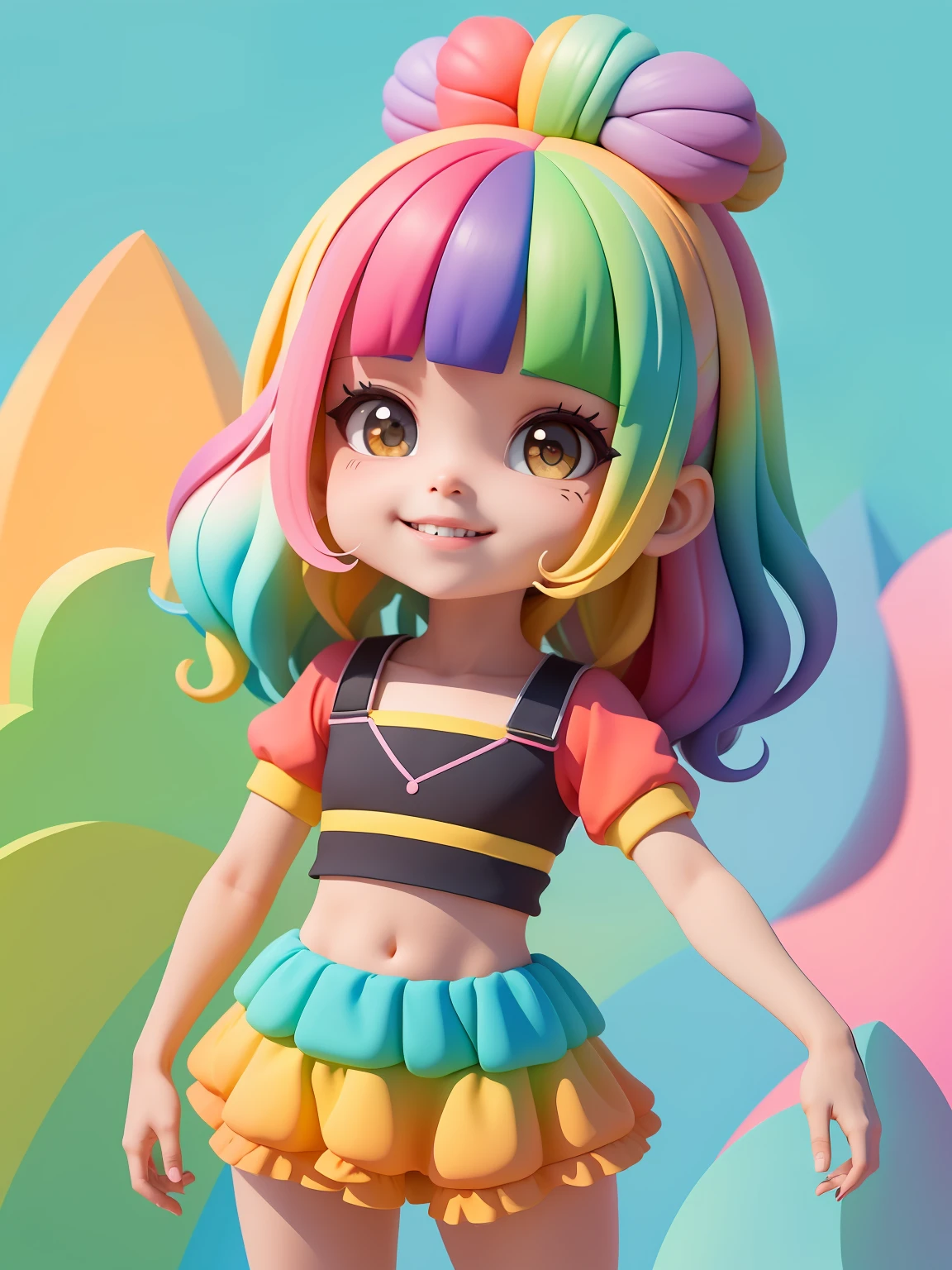 (obra-prima), (melhor qualidade), (ultra-detalhado), (corpo inteiro: 1.2) loli menina morena, leve e detalhado, sorriso claro, corpo inteiro, :3, cabelo multicolor, curto, preso, pavor, moderno, Modern accessories, fundo tom pastel , colorido e simples.