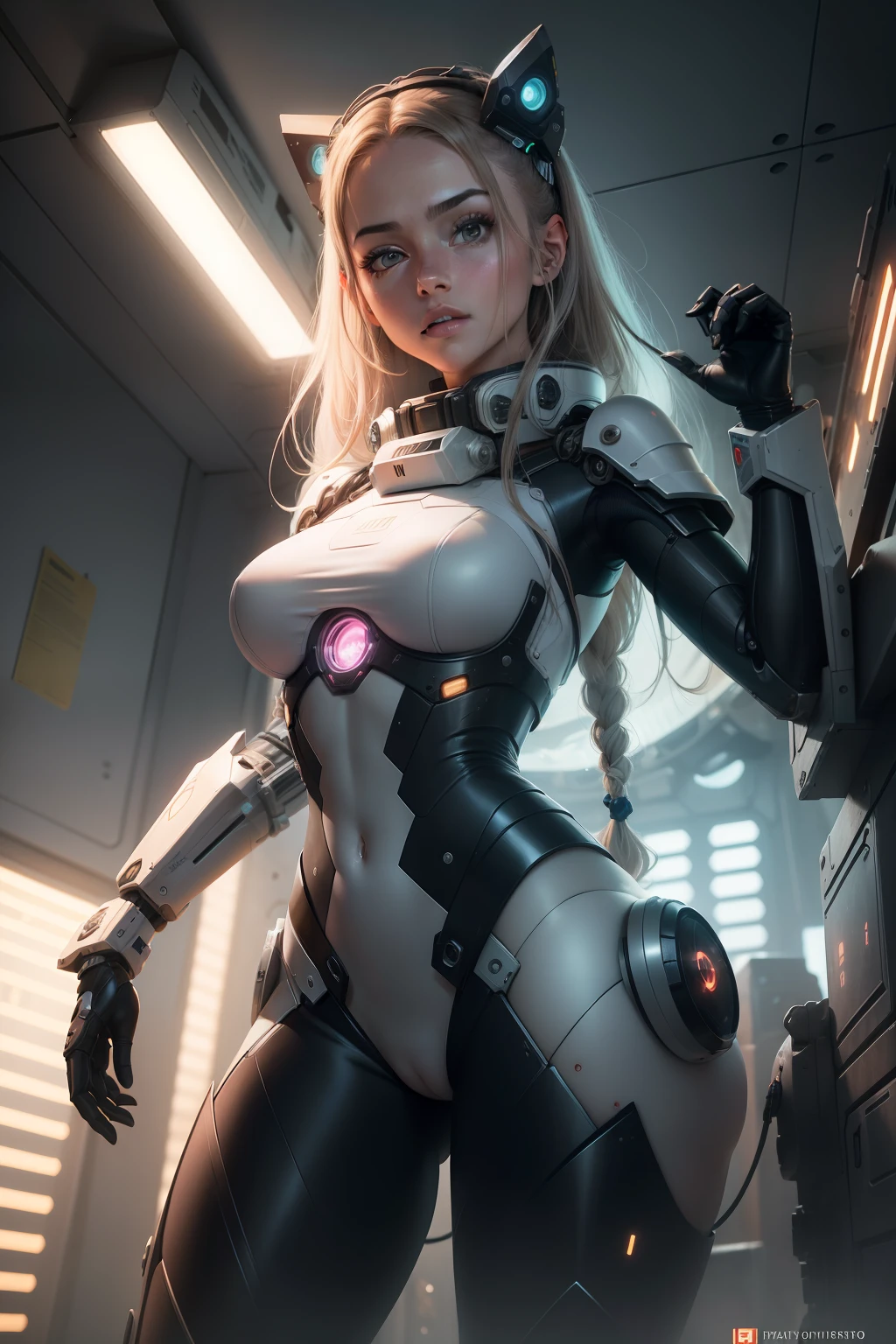 (realista:1.3), finamente detalhado, qualidade, Rembrandt Lighting, (obra-prima:1.2), (fotorrealista:1.2), (melhor qualidade), (pele detalhada:1.3), (detalhes intrincados), dramatic, ray tracing, 1girl, garota de Holywood, loira, 21 anos, textura de pele detalhada, (corar: 0,5), (arrepio: 0,5), subsurface scatter, braided hair, cabelo entre os olhos, blush, franja, mecha, chapelaria, scientific fiction, mechanical arms, brilliant pieces, robot joints, Cybernate, cyberpunk, dinamic pose, (dentro de casa, space station, complex machinery, futuristic pieces, laser cannon, holding laser cannon), nude:0.8,meio rosto humano