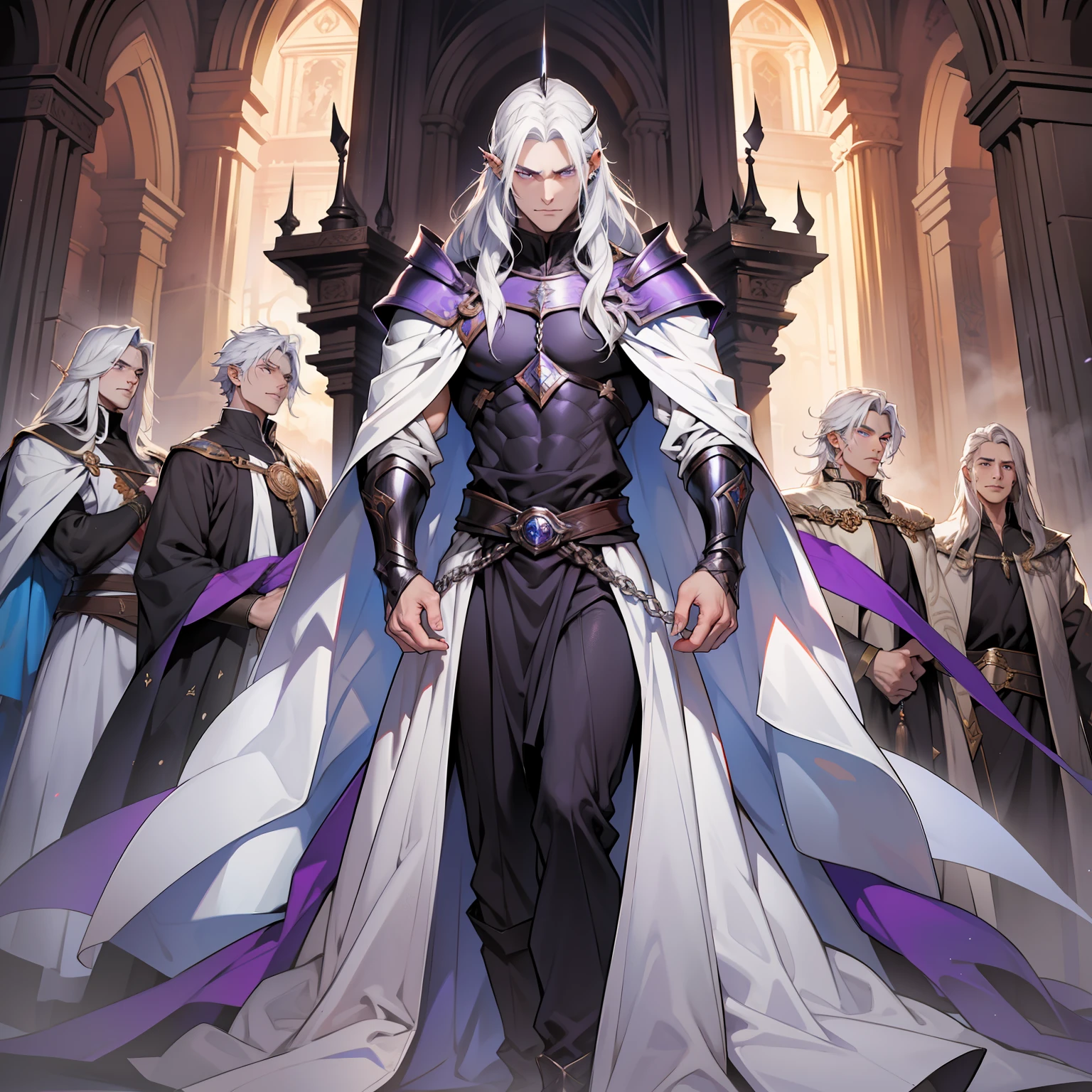 Melkor is much taller than the average human. He is around the same height as myself - and we are both fairly tall. He has shoulder length white hair, just like mine, and piercing purple eyes with sharp silver pupils. He is strong and looks every bit the warrior prince he is. His demeanor is proud and regal, he carries himself with a sense of superiority that cannot be rivaled.