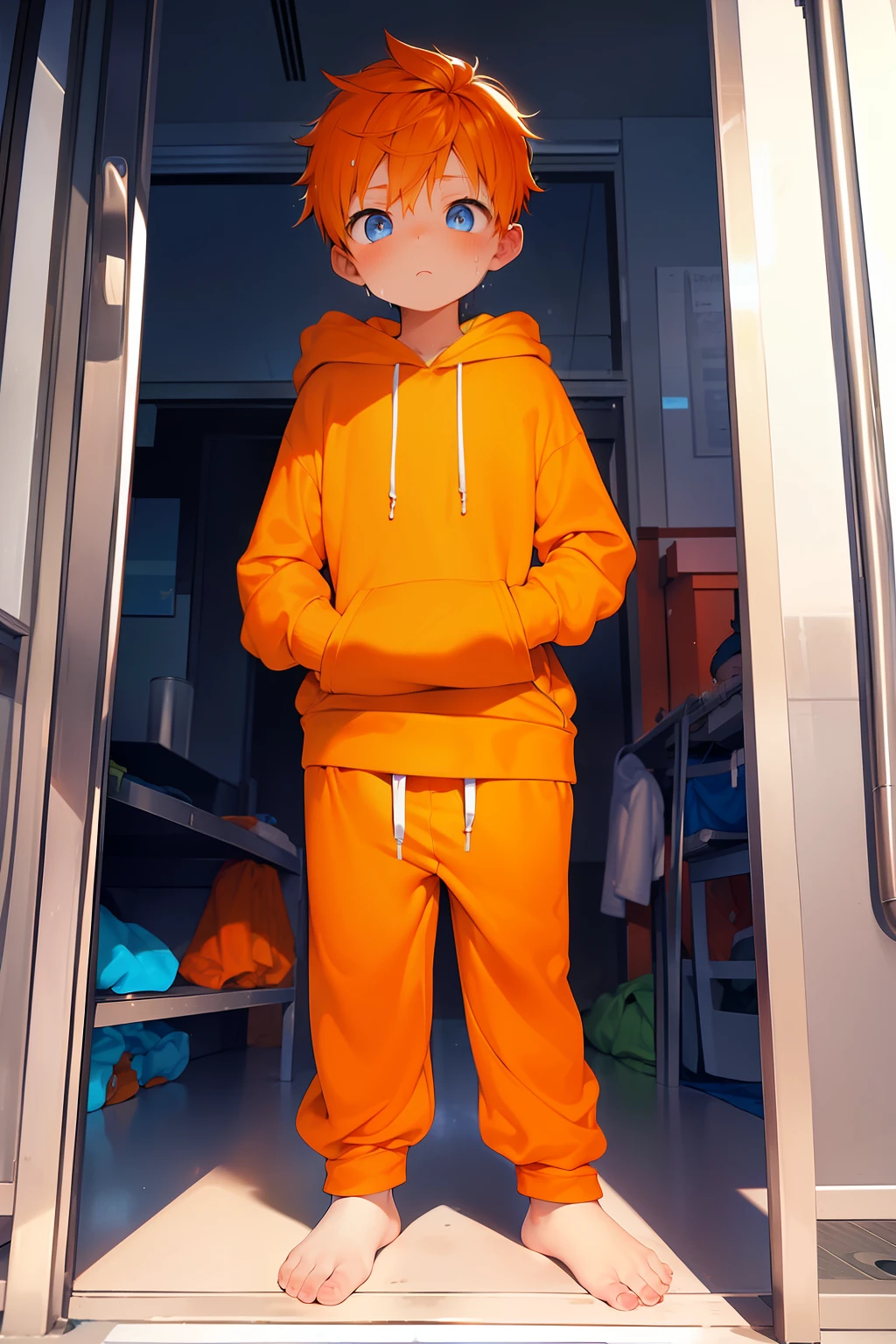 1  boy with orange hair and shiny bright blue eyes and barefoot and small feet wearing a yellow oversized hoodie and sweatpants sitting on a window ledge, blushing, young, boy, child,l, toddler, ti feet, (sweatpants:1.4), (young:1.4), (child:1.4), (shota:1.4), (hoodie:1.4),