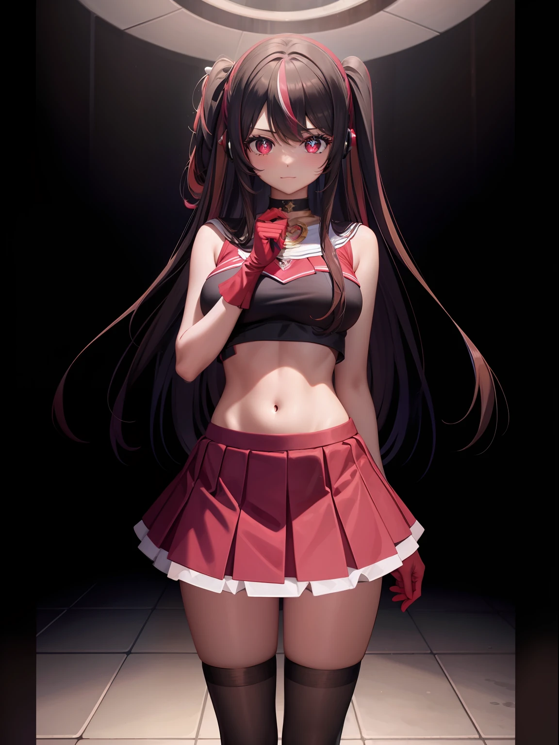 ((Masterpiece, highest quality)), (Best Picture:1.2), (Best Quality:1.3),finely detail, full body, Standing, detailed face, full of details, highly detailed, depth, 1girl, girl in a skirt and headphones, :3, long hair, bangs, multicolored hair, two-tone hair, gradient hair, [[brown hair]], brown hair with pink tips, [[[[[[pink hair]]]]]], black crop top, red skirt, pleated skirt, gloves, stockings, red shoes, black choker, red eyes, star (symbol), star-shaped pupils
