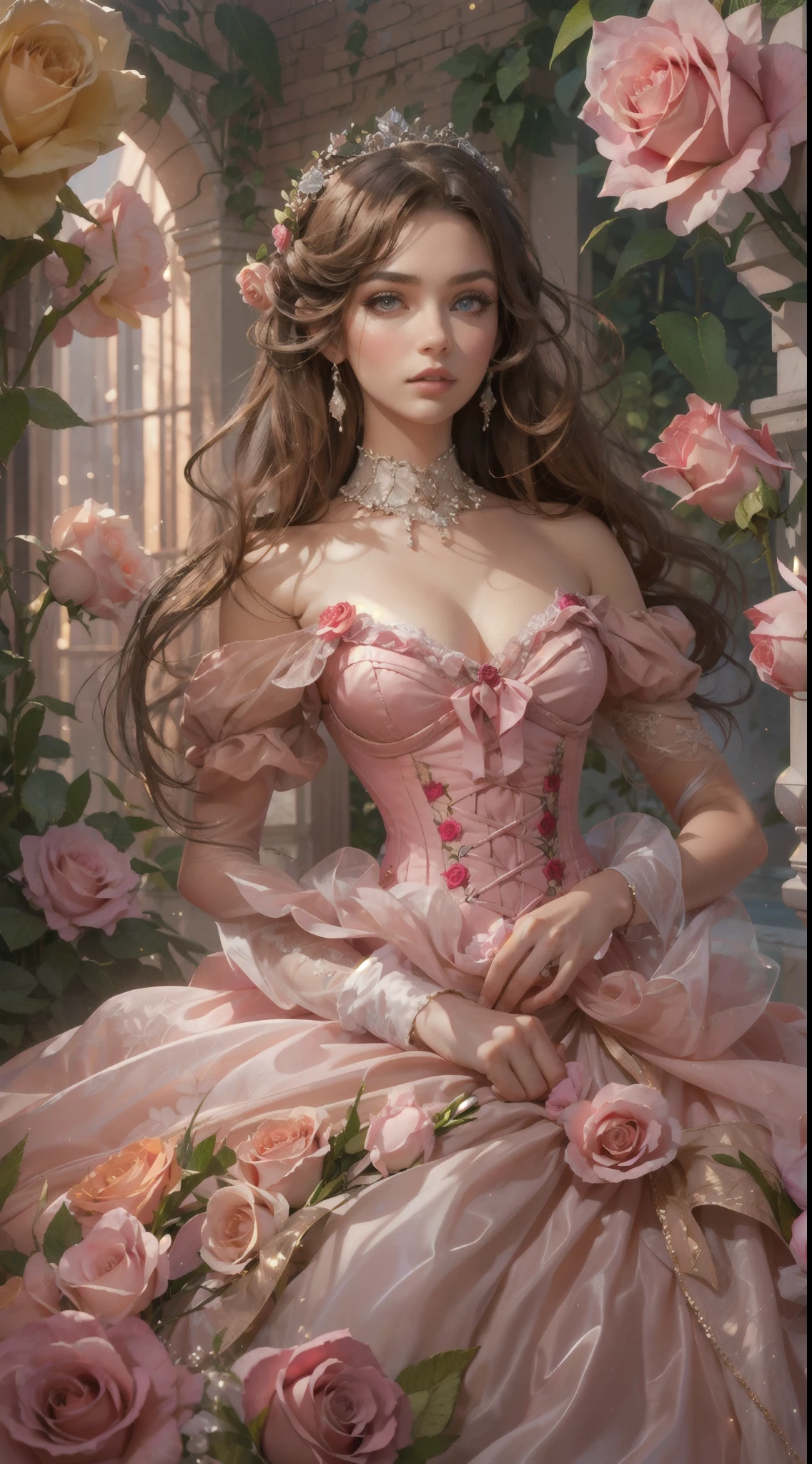 This is realistic fantasy artwork set in the an enchanted pastel bubblegum and rose garden. Generate a proud woman with a highly detailed face dressed in the billowing folds of a stunning French silk ballgown. The woman's sweet face is ((((highly detailed, with realistic features and soft, puffy lips.)))) The ballgown is embellished with ruffles, sashes, and bows and a delicately, but intricately, hand-embroidered bodice. The corset features silk ribbon. The woman's stunning eyes are beautifully detailed, featuring realistic shading and multiple colors and high resolution. The woman is in a garden of eternal roses, each one beautifully formed and highly detailed. These realistic roses feature shimmering shades of pink, yellow, orange, and glimmering red. The eternal rose is a deep shade of red with shimmering pink overtones and undertones. Ensure that the woman's face, hair, and eyes are perfect. Important: include interesting details like stars, bubbles, ((and glitter)). realism, high fantasy, whimsical fantasy, storybook fantasy, fairytale fantasy, fantasy details, enchanting, bewitching, 8k, hires, cgi, digital painting, unity, unreal engine, (((masterpiece))), intricate, elegant, highly detailed, majestic, digital photography, art by artgerm and ruan jia and greg rutkowski, (masterpiece, finely detailed beautiful eyes: 1.2), hdr, realistic skin texture, (((1woman))), (((solo))), Include a highly detailed face, extremely detailed face, and interesting background.