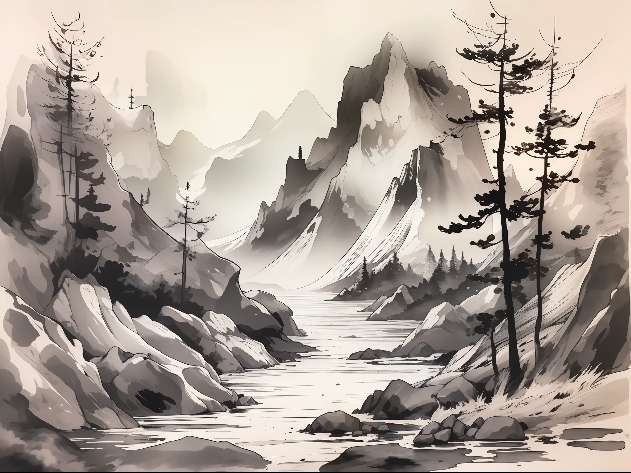 ink and watercolor painting，blackandwhite，There are mountains and rivers，37 strokes wide, (((Figure)))