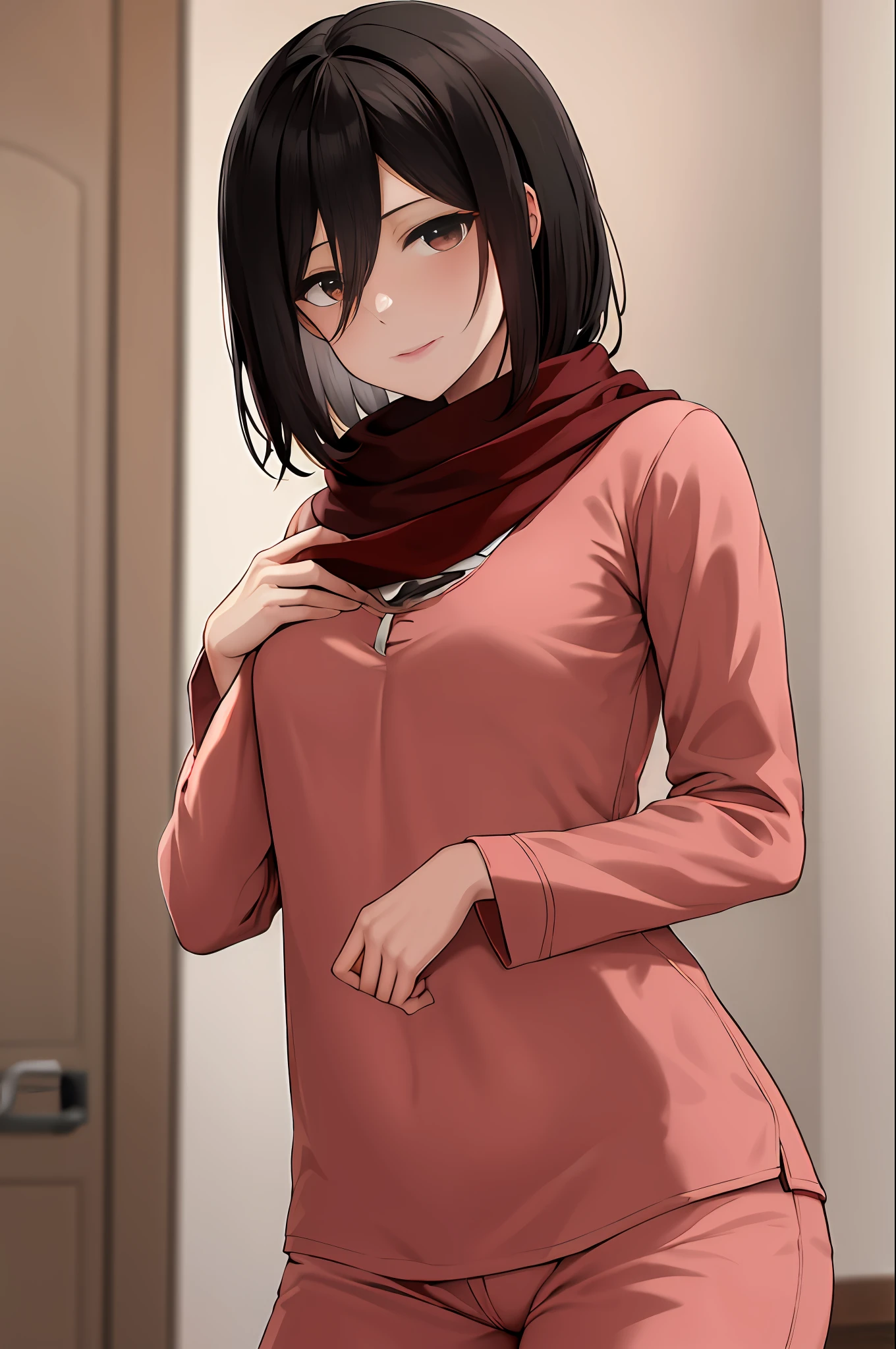 Obra maestra, La mejor calidad, Altas Resoluciones, Hmmikasa, pelo corto, ojos negros, bufanda roja, ((pijama)),  Brazos cruzados, sexy
