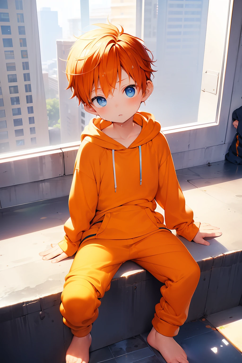 1 Little boy with orange hair and shiny bright blue eyes and barefoot and small feet wearing a yellow oversized hoodie and sweatpants sitting on a window ledge, blushing, young, boy, child, small, toddler, tiny feet, (sweatpants:1.4), (young:1.4), (child:1.4), (shota:1.4), (hoodie:1.4),