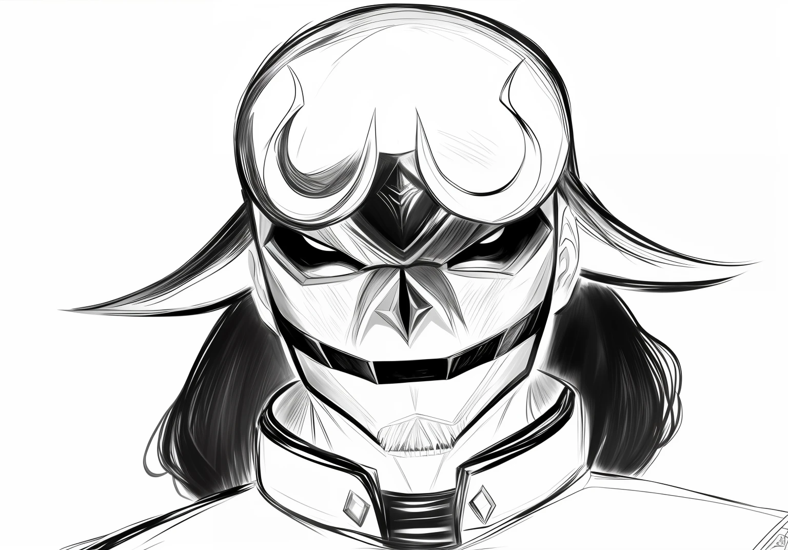 um desenho de um homem com uma mascara com chifres e uma gravata, sorriso nefasto, em um capacete com chifres, eles chifres, Arte Hylics, Retrato de Onmyoji, samurai touro da lua, arte headshot conceito, face of an armored villian, eles, sorriso vertiginoso, inspirado em Tyler Jacobson, menacing stare, 2 d concept art head macro shot