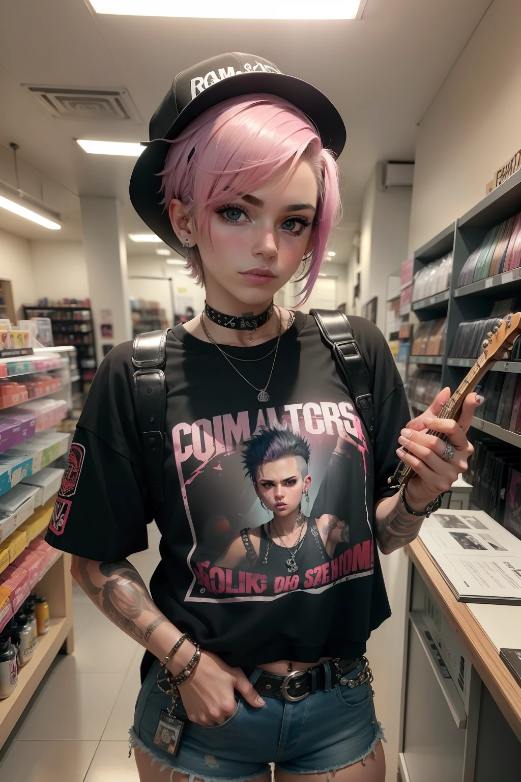 18-year-old punk shop clerk behind counter wearing punk clothes, longos cabelos loiros, saia, olhos vermelhos brilhantes, punk, music store, (cd recheado: 1.4), (coisas punk recheadas), instrumentos musicais, signings, obra-prima, melhor qualidade , detalhado, extremamente detalhado,