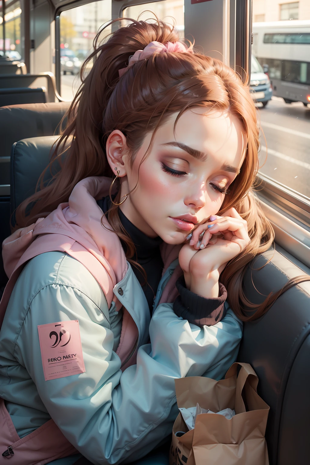 1 beautiful woman, large body, made up face, brown hair, pink lips, hair tied in 1 tail, ponytail, small earrings, closed light blue jacket, formal light blue pants, big nails, made up eyelids, brown bag, asleep lying on the bus, eyes closed, mouth open.