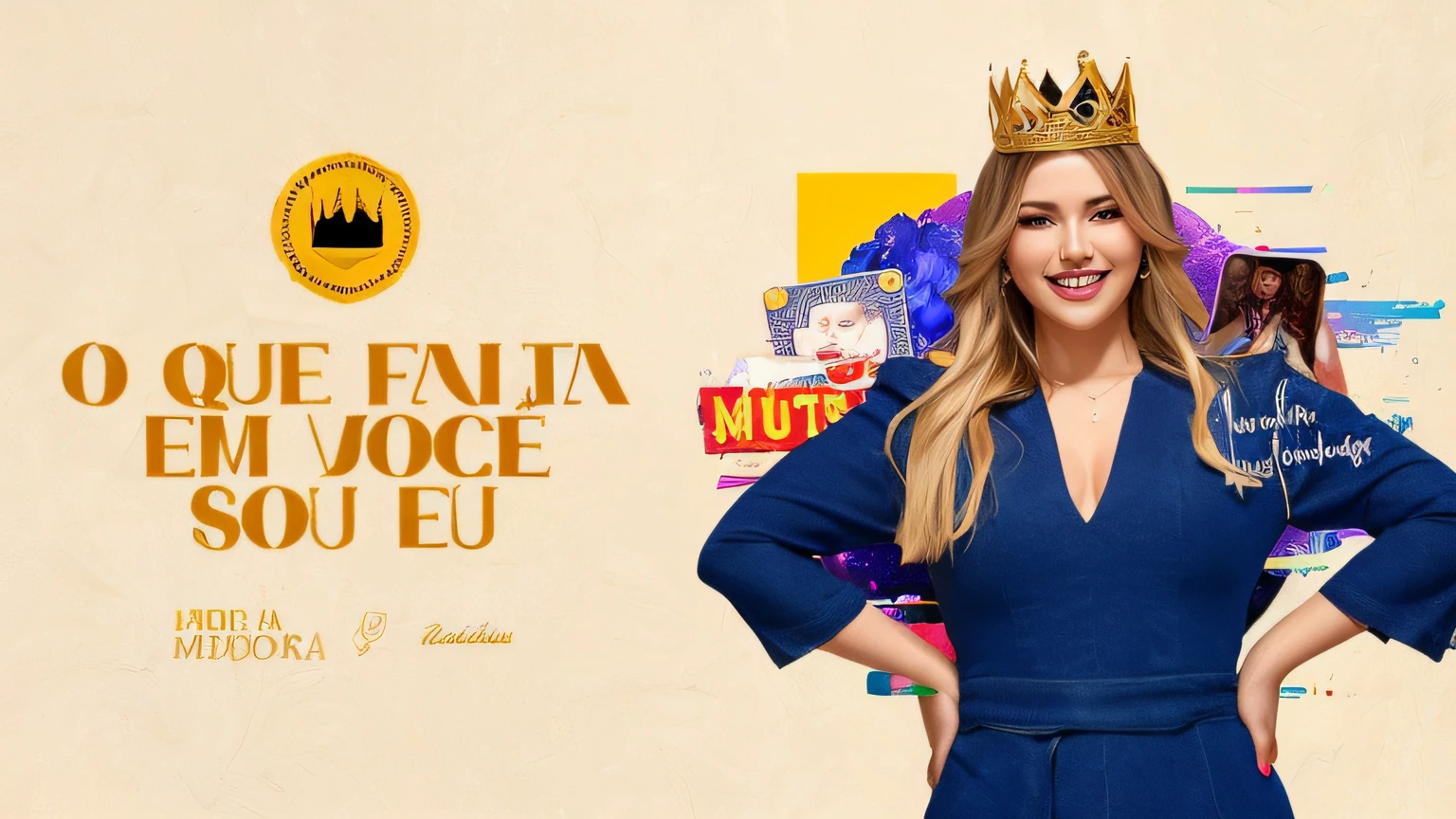 imagem arafed de uma mulher em um vestido azul e uma coroa, Directed by: Nandor Soldier, coroa de ouro e filamentos, Directed by: Márta Lacza, vestido como uma rainha, vestindo enorme coroa dourada, queen crown on top of her head, com uma coroa de ouro, Linda rainha, Jaina Proudmoore, coroa feita de feltro