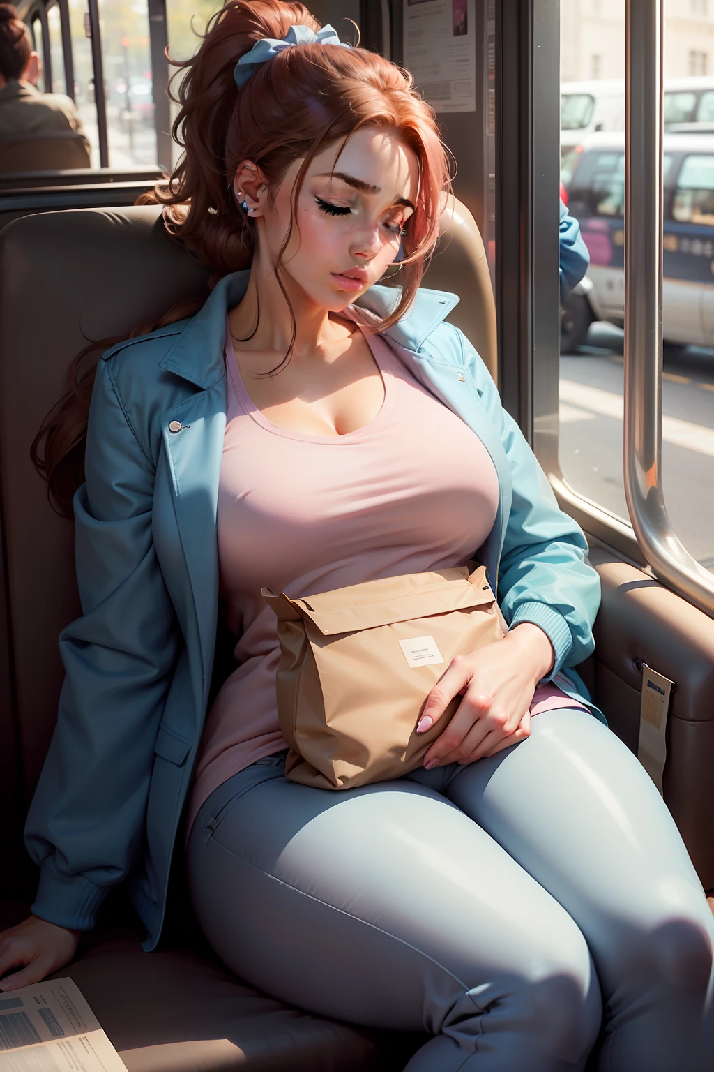 1 beautiful woman, large body, made up face, brown hair, pink lips, hair tied in 1 tail, ponytail, small earrings, closed light blue jacket, formal light blue pants, big nails, made up eyelids, brown bag, asleep lying on the bus, eyes closed, mouth open.