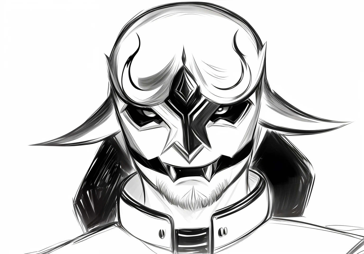 um desenho de um homem com uma mascara com chifres e uma gravata, sorriso nefasto, em um capacete com chifres, eles chifres, Arte Hylics, Retrato de Onmyoji, samurai touro da lua, arte headshot conceito, face of an armored villian, eles, sorriso vertiginoso, inspirado em Tyler Jacobson, menacing stare, 2 d concept art head macro shot