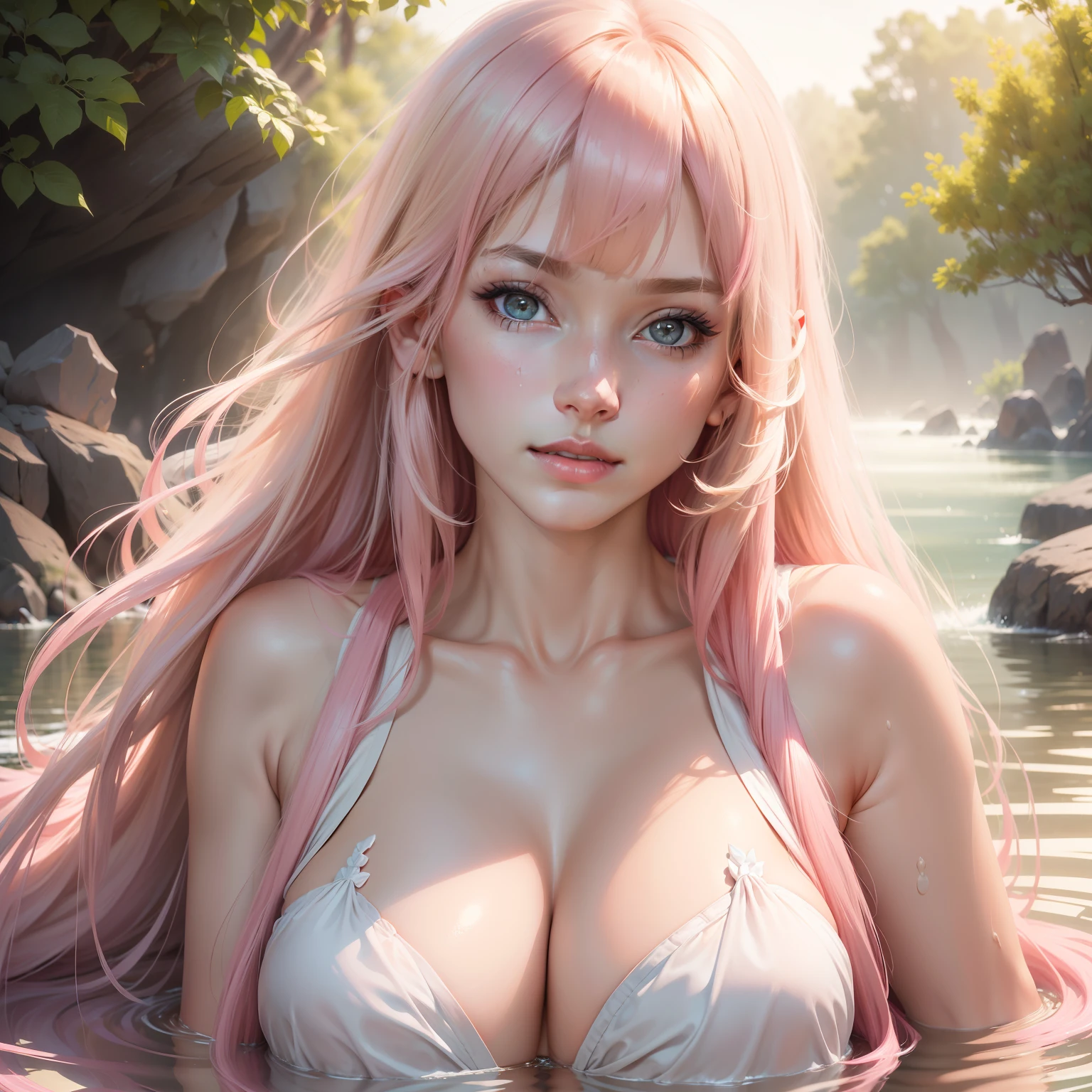 (8K, 4K, Best quality, A high resolution:1.2), (marsterpiece, Realistic, photograph realistic:1.37), 1girll, Solo, Beautiful face, eyeslashes, nase, Glossy lips, (Detailed eyes, view the viewer, Fair skin, White skin:1.2), fine complexion, Upper body,
(:1.2), Large breasts, ,
Outdoor onsen,
two sides up, Absurdly long hair, Blonde hair, Pink hair, bangs,
Younger, aged down,