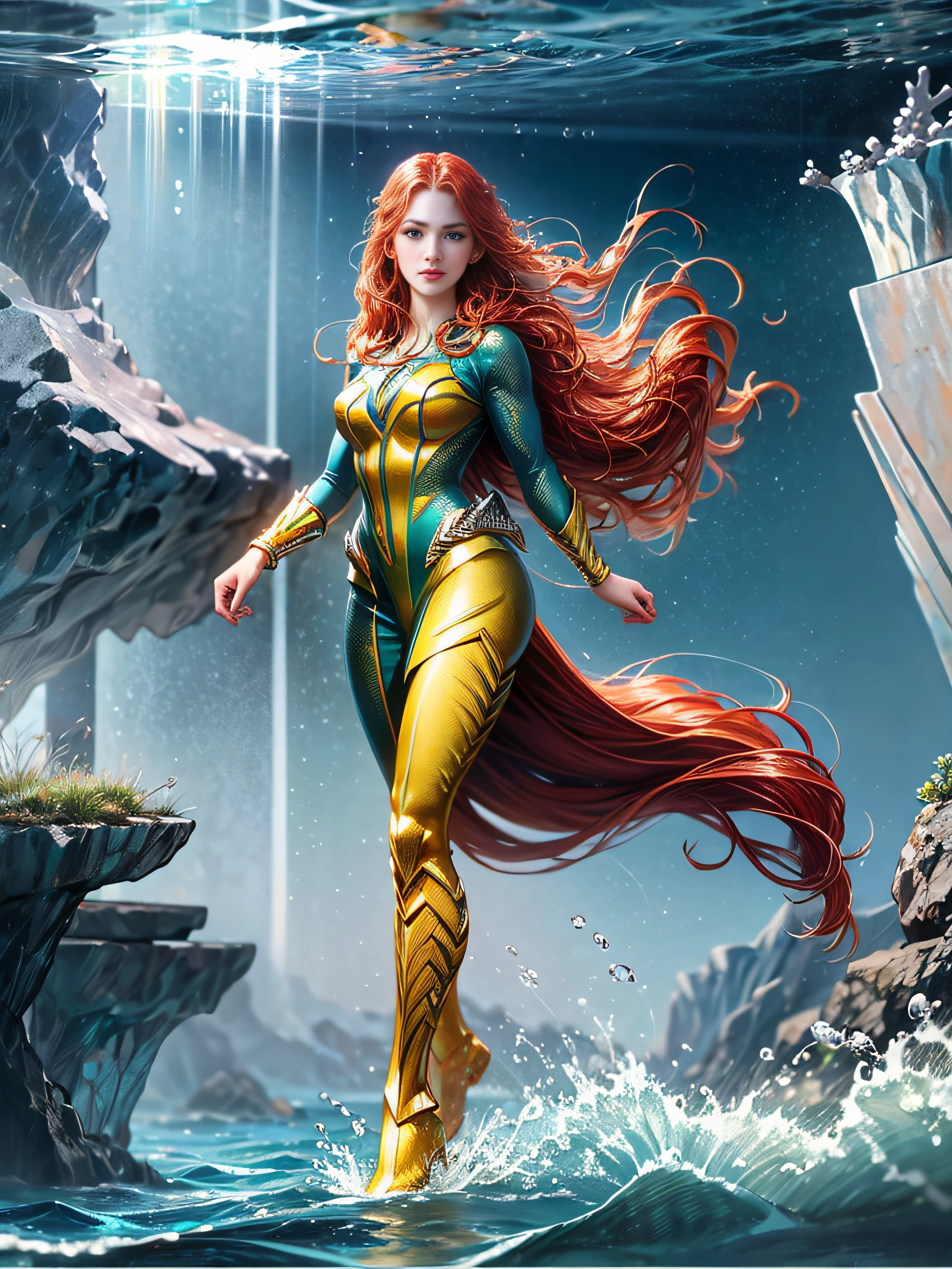 A female superhero, inspired by aquaman, light skin, long red hair, outlined eyes, outlined face, full body, pretty superhero outfit, in bloom, underwater, swimming with dolphins --auto