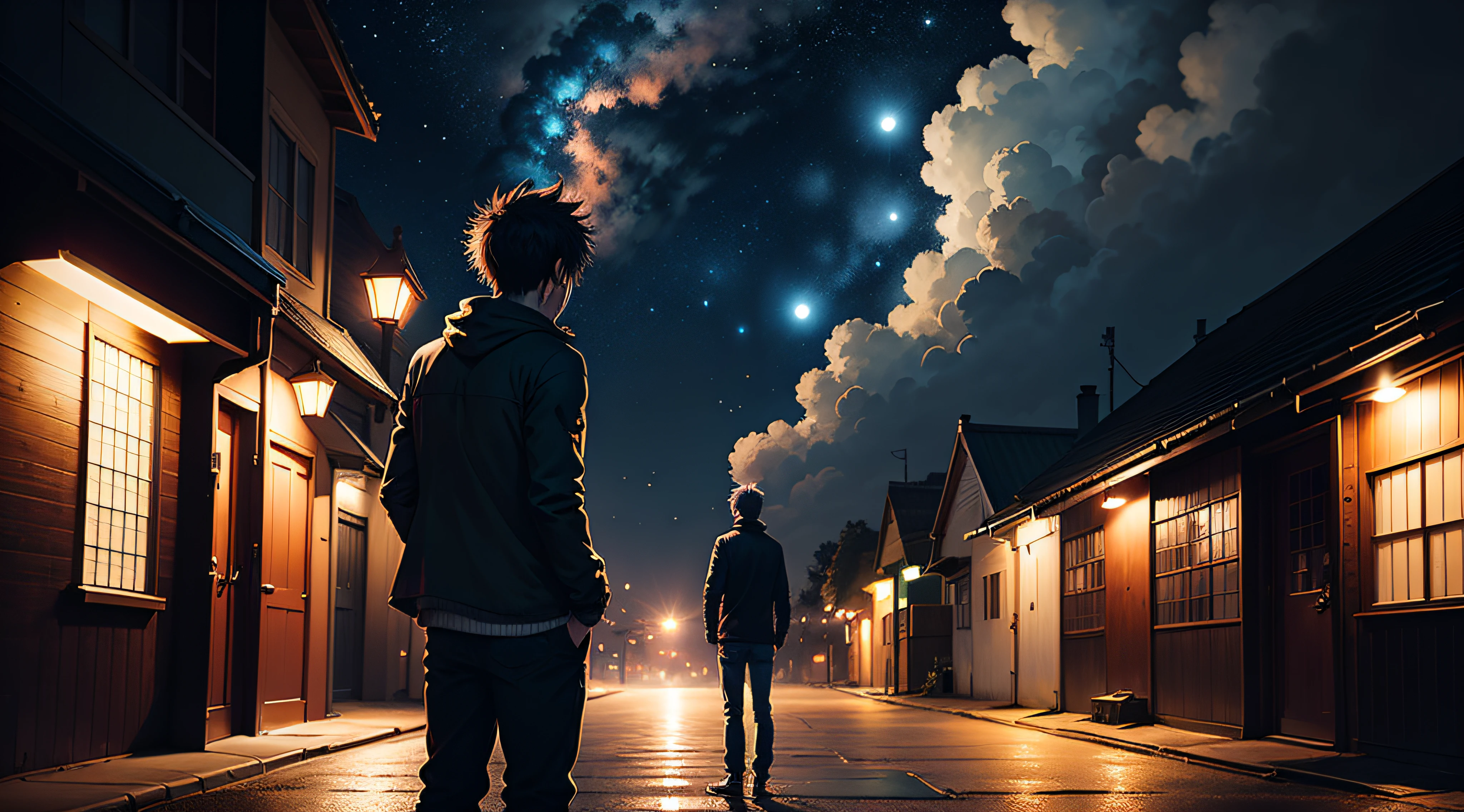 anime man crying and screaming to person who standing in shadow, night, dark sky, dark place