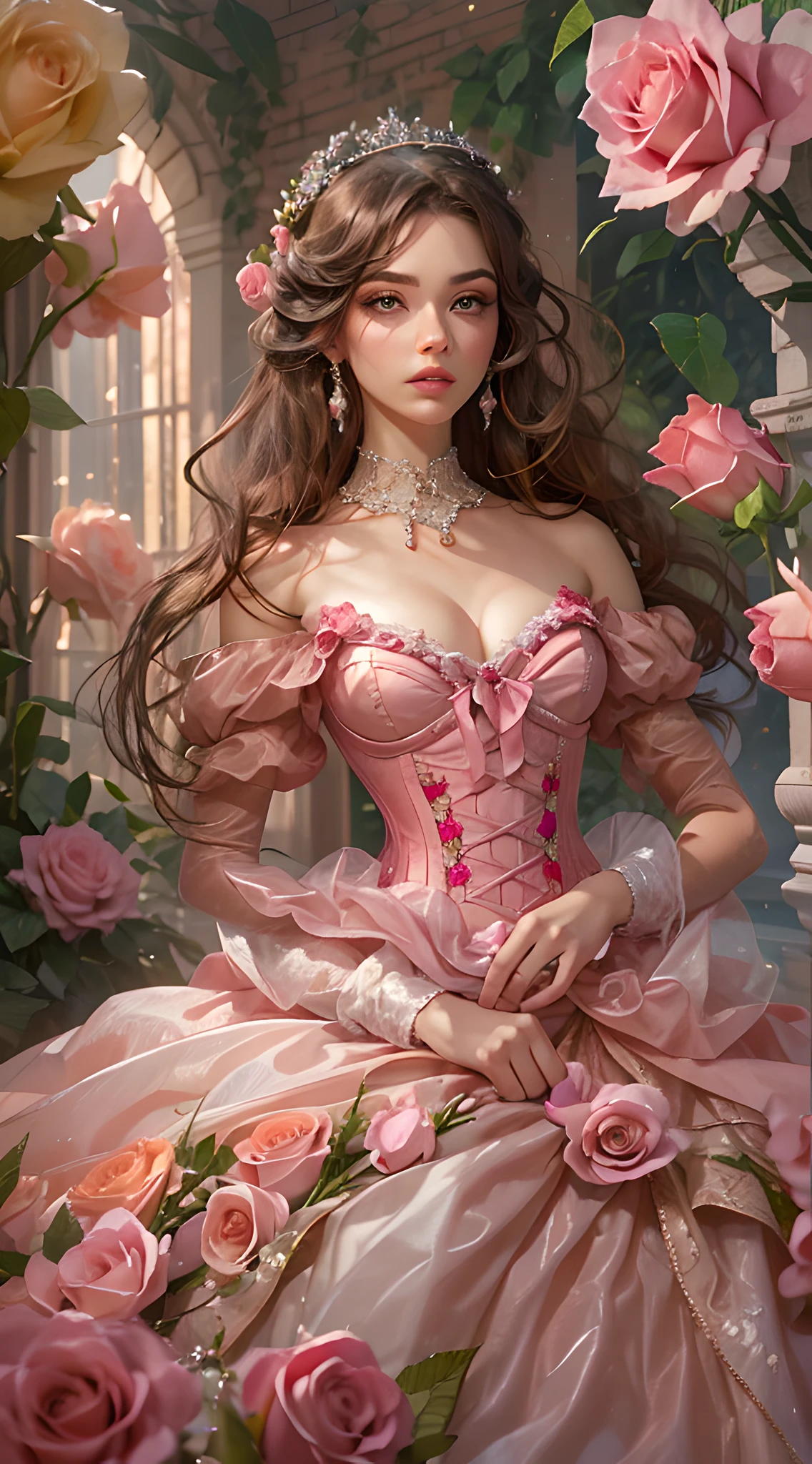 This is realistic fantasy artwork set in the an enchanted pastel bubblegum and rose garden. Generate a proud woman with a highly detailed face dressed in the billowing folds of a stunning French silk ballgown. The woman's sweet face is ((((highly detailed, with realistic features and soft, puffy lips.)))) The ballgown is embellished with ruffles, sashes, and bows and a delicately, but intricately, hand-embroidered bodice. The corset features silk ribbon. The woman's stunning eyes are beautifully detailed, featuring realistic shading and multiple colors and high resolution. The woman is in a garden of eternal roses, each one beautifully formed and highly detailed. These realistic roses feature shimmering shades of pink, yellow, orange, and glimmering red. The eternal rose is a deep shade of red with shimmering pink overtones and undertones. Ensure that the woman's face, hair, and eyes are perfect. Important: include interesting details like stars, bubbles, ((and glitter)). realism, high fantasy, whimsical fantasy, storybook fantasy, fairytale fantasy, fantasy details, enchanting, bewitching, 8k, hires, cgi, digital painting, unity, unreal engine, (((masterpiece))), intricate, elegant, highly detailed, majestic, digital photography, art by artgerm and ruan jia and greg rutkowski, (masterpiece, finely detailed beautiful eyes: 1.2), hdr, realistic skin texture, (((1woman))), (((solo))), Include a highly detailed face, extremely detailed face, and interesting background.