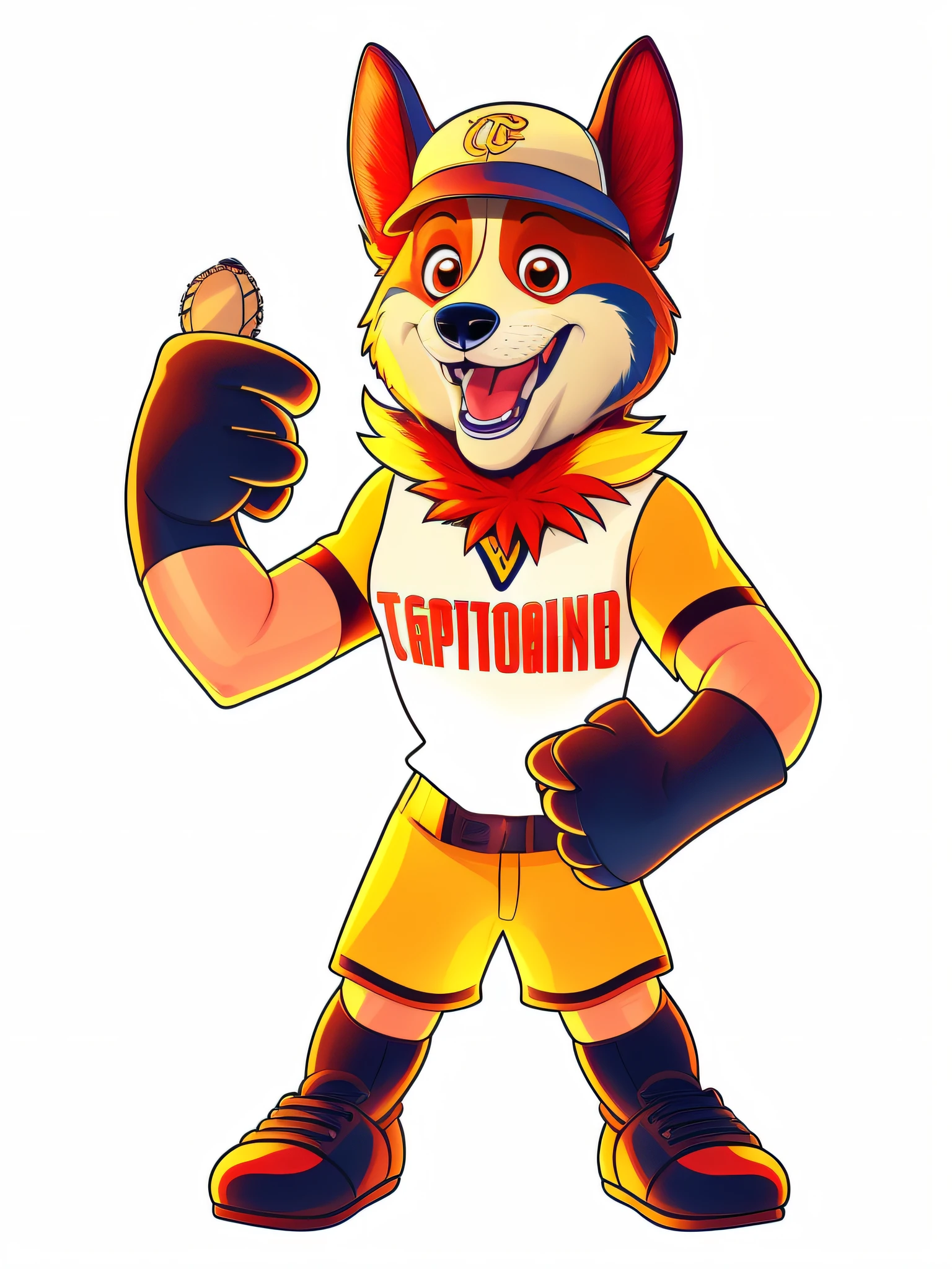 Cartoon of a dog in a baseball uniform holding a baseball glove, mascote da equipe esportiva, Mascot illustration, official character illustration, arte oficial do personagem, mascote de corpo inteiro, design de adesivo do telegrama, um mascote dingo, official fan art, fanart oficial, Arte Oficial, Telegrama Sticker, mascote esportivo, captain, an anthropomorphic fox, fursona commission