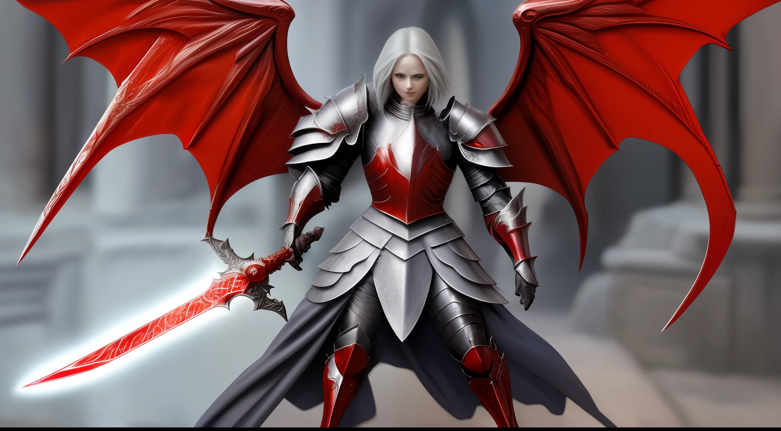 "Red adamantite armor with demon wings, a realistic and HD depiction of grey armor, wielding the legendary sword Excalibur."